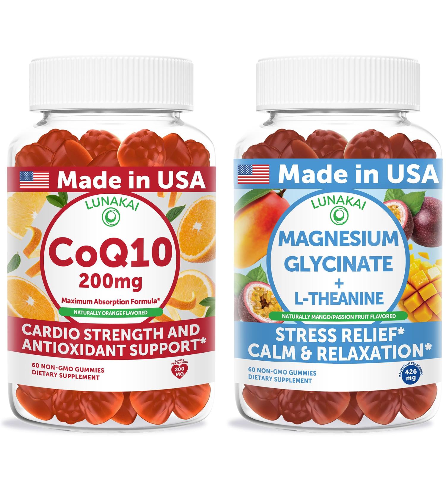 Lunakai USA Made CoQ10 200mg + Magnesium Glycinate with L-Theanine Gummies Bundle Naturally Flavored Non-GMO 60ct Each - Buy Online on GoSupps.com