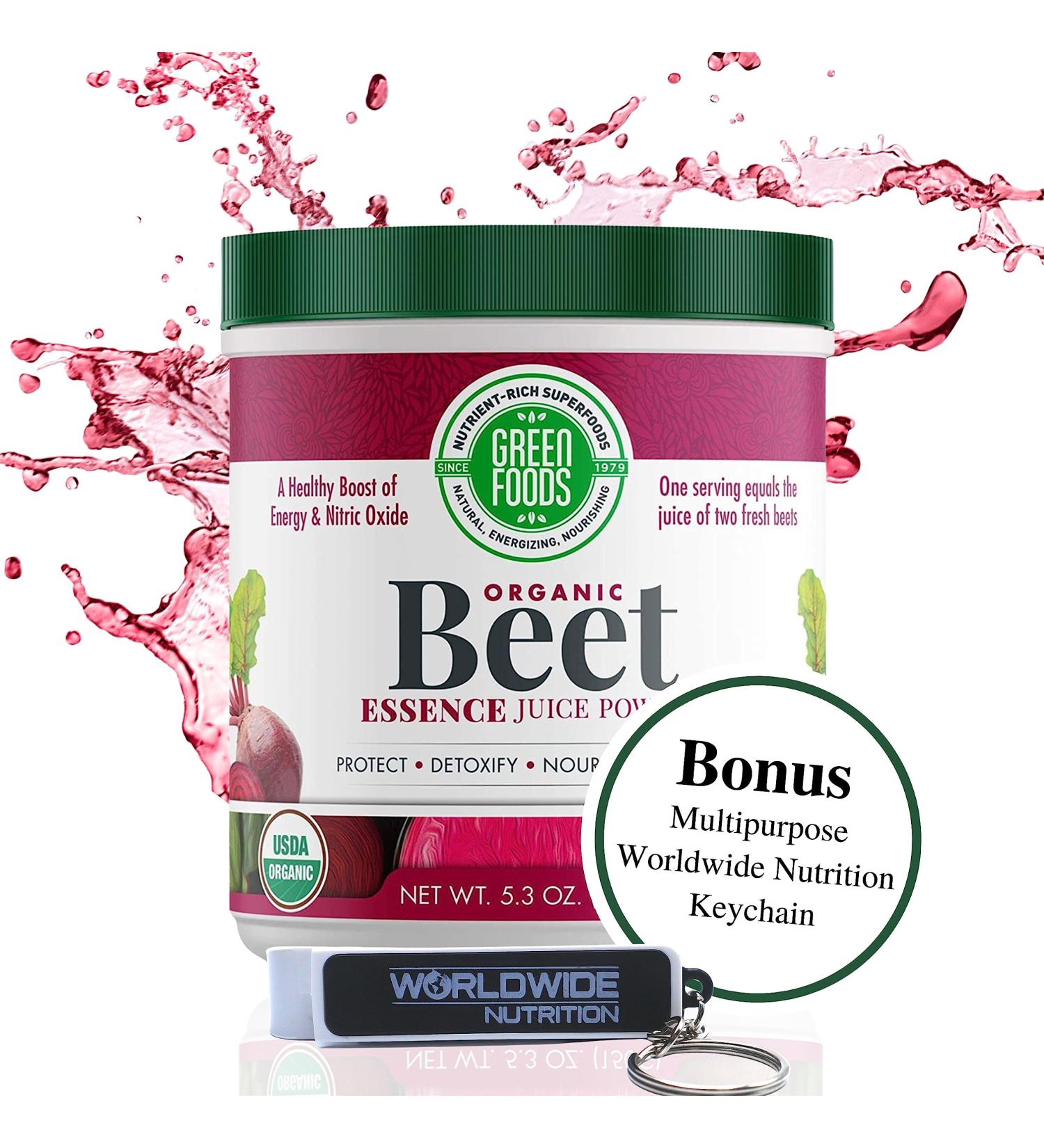 Organic Beet Essence Juice Powder - Nitric Oxide Superfood for Energy & Detox | Green Foods | 5.3oz (30 Servings) + Bonus Key Chain - Buy Online on GoSupps.com