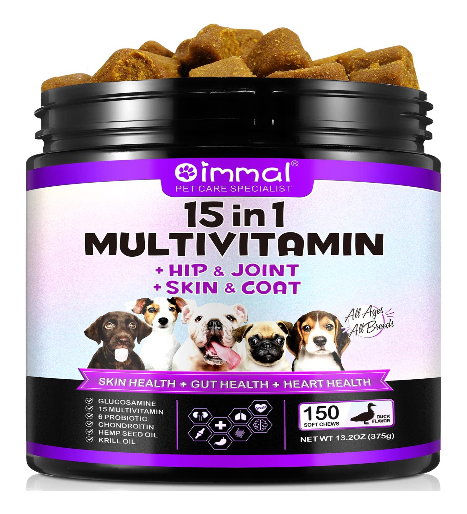 15-in-1 Dog Vitamins and Supplements 150 Chews Dog Vitamins for Dogs Hip and Joint Skin Coat Skin Health Gut Health Heart Health for All Breeds and Ages Dogs - Buy Online on GoSupps.com