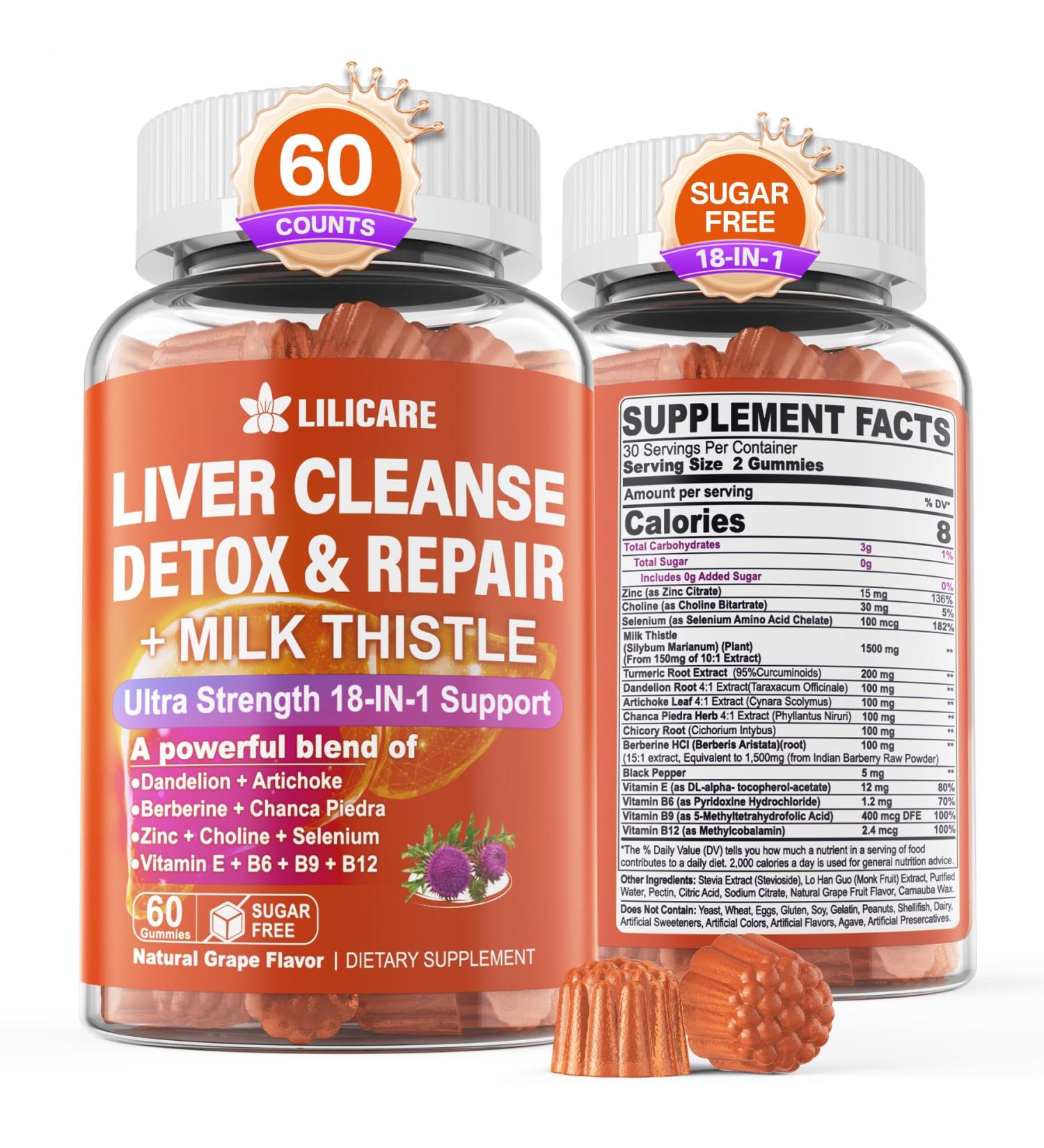 1Pack Milk Thistle Liver Detox Gummies 18-in-1 Liver Cleanse Detox & Repair Supplement with Berberine Chicory Root Turmeric Artichoke Dandelion Root Chanca Piedra Vitamins B6 B12 - Sugar Free 60 Count (Pack of 1) - Buy Online on GoSupps.com