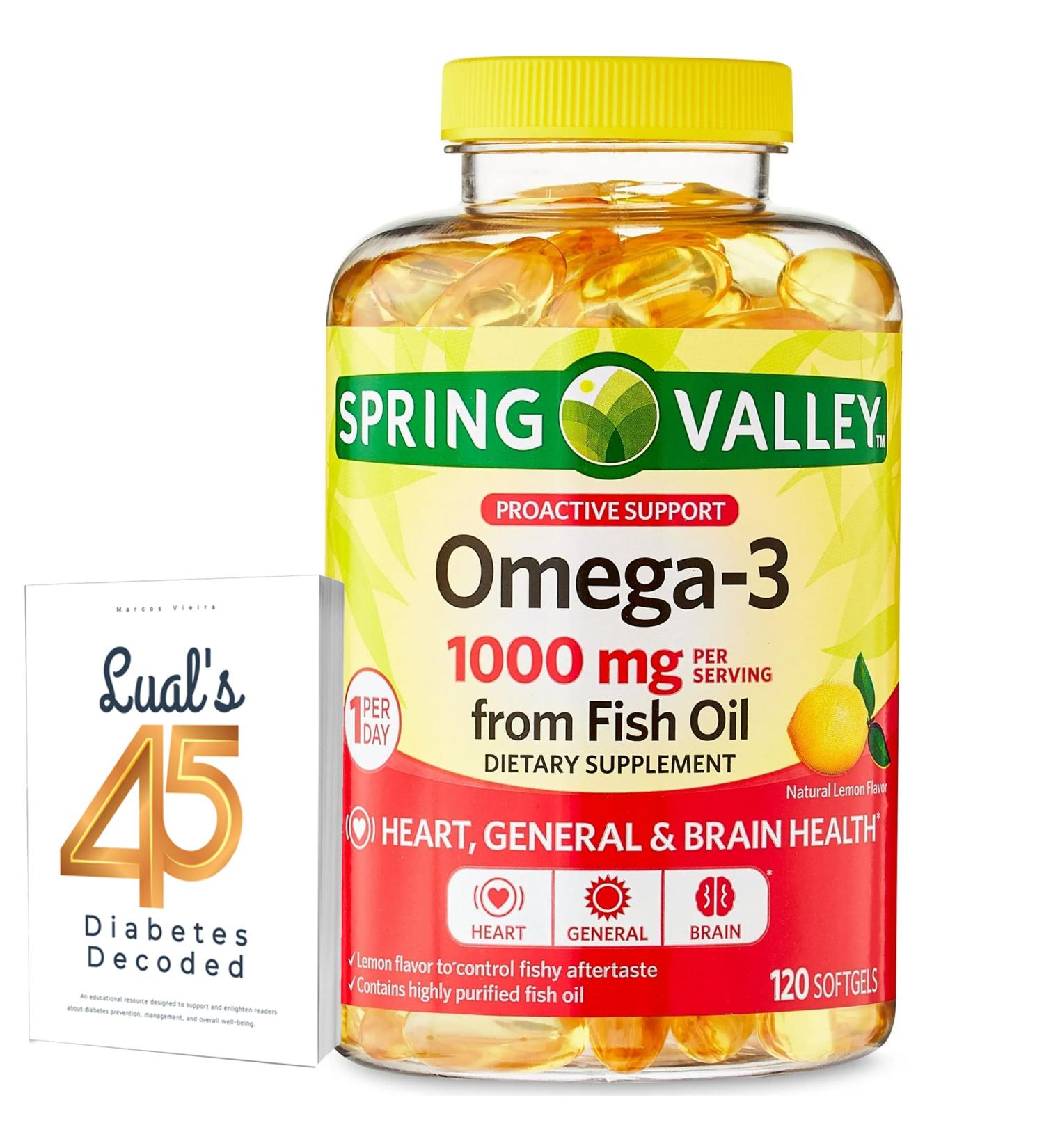 Omega-3 from Fish Oil Heart General & Brain Health Dietary Supplement Softgels 1000 mg 120 Count Bundle with Luall's 45 Diabetes Decoded - Buy Online on GoSupps.com