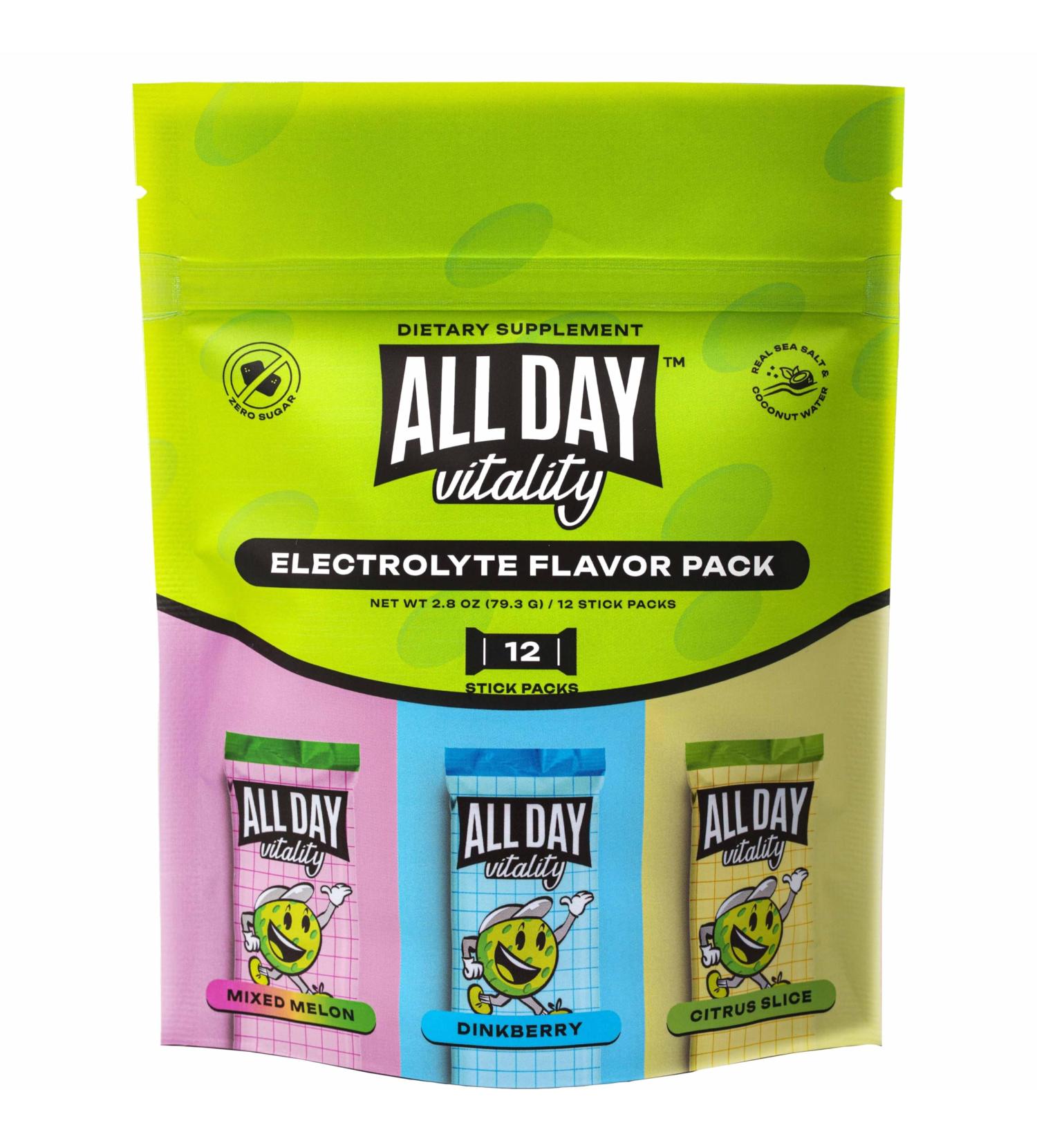 ALL DAY Vitality Pickleball Electrolyte Variety Pack | No Sugar Non-GMO | 12 Drink Sticks - Buy Online on GoSupps.com