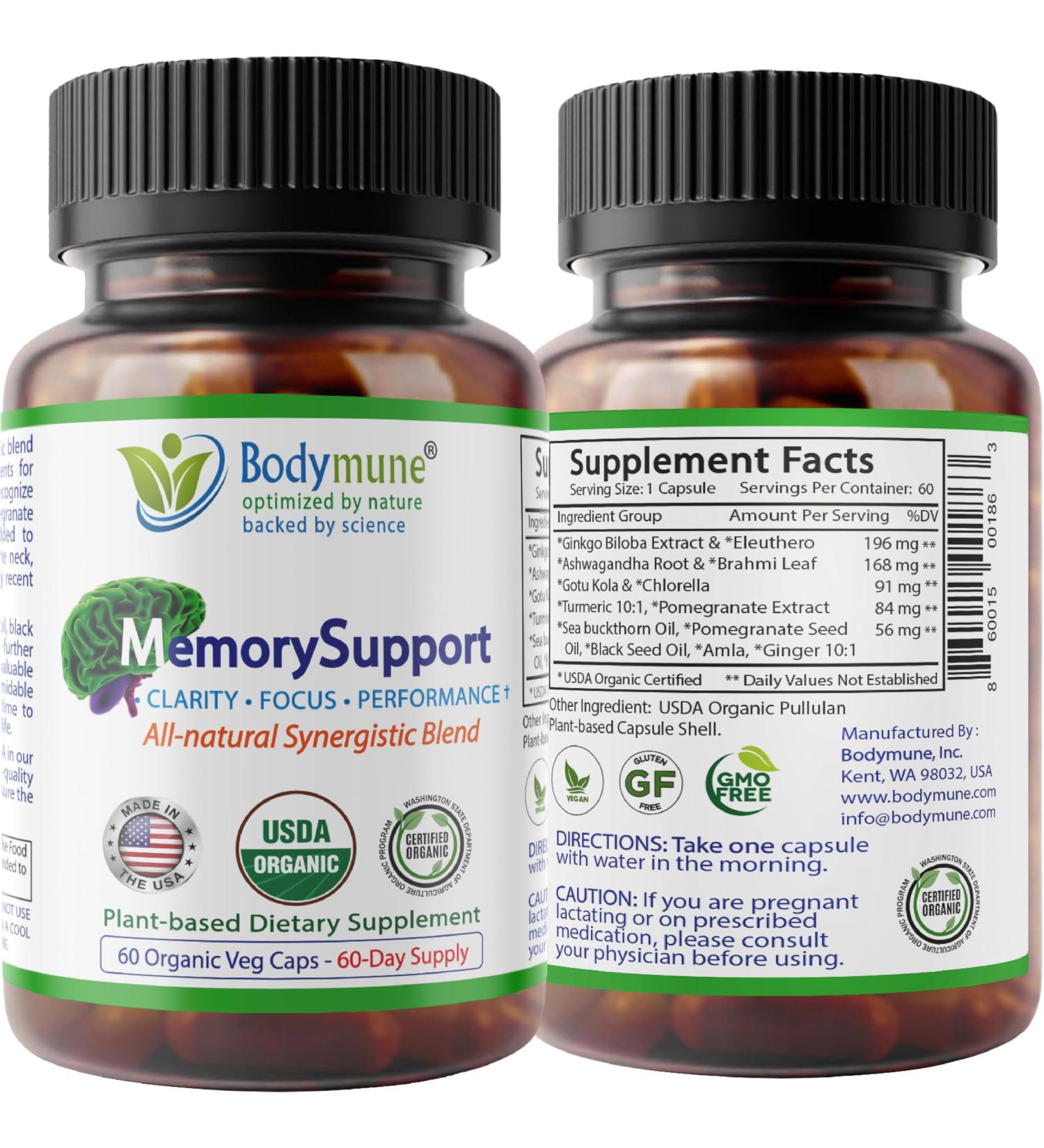 Bodymune MemorySupport Brain Health Formula | Supports Mental Clarity Recall & Concentration* | USDA Organic Nootropic Blend with Ginkgo Biloba & Ashwagandha | 60 Vegan Caps | Made in USA - Buy Online on GoSupps.com
