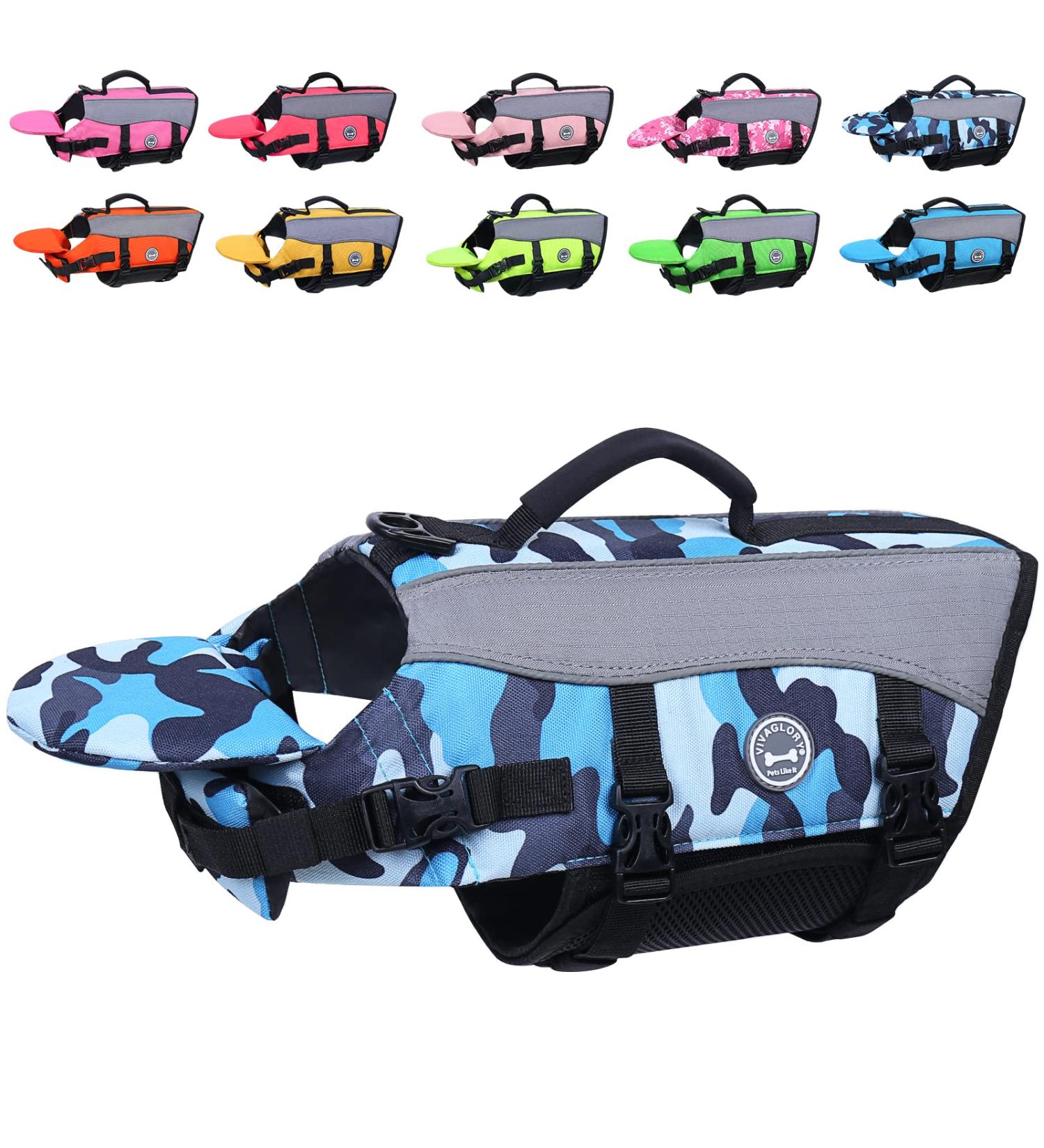 Vivaglory Removable Front-Wheel Dog Lifeguard Vest - Reflective Camo Blue S (43-53cm Chest) for Swimming & Boot Driving - Buy Online on GoSupps.com