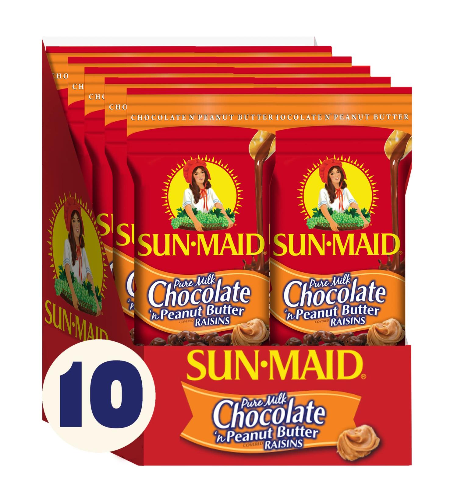 Sun-Maid Chocolate Covered Raisins Snacks 2 oz Individual Single Serve Bags (Pack of 10) - Pure Milk Chocolate 'n Peanut Butter Raisins - Buy Online on GoSupps.com