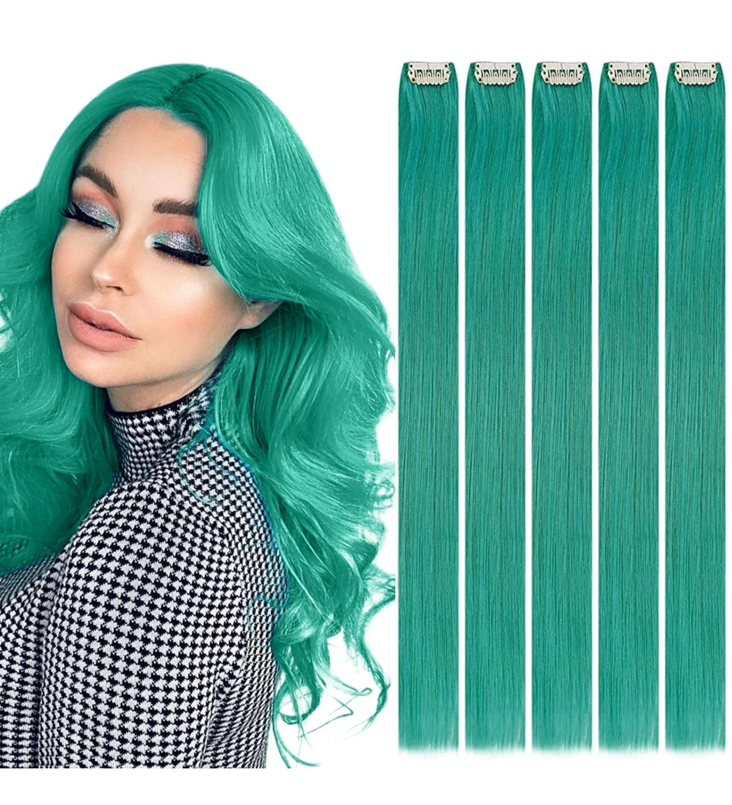 Runature Real Hair Extensions Clip - 50cm Teal Clip-In Hair Extensions Invisible 5pcs 25g Green - Premium Quality Teal Hair Clips - Buy Online on GoSupps.com