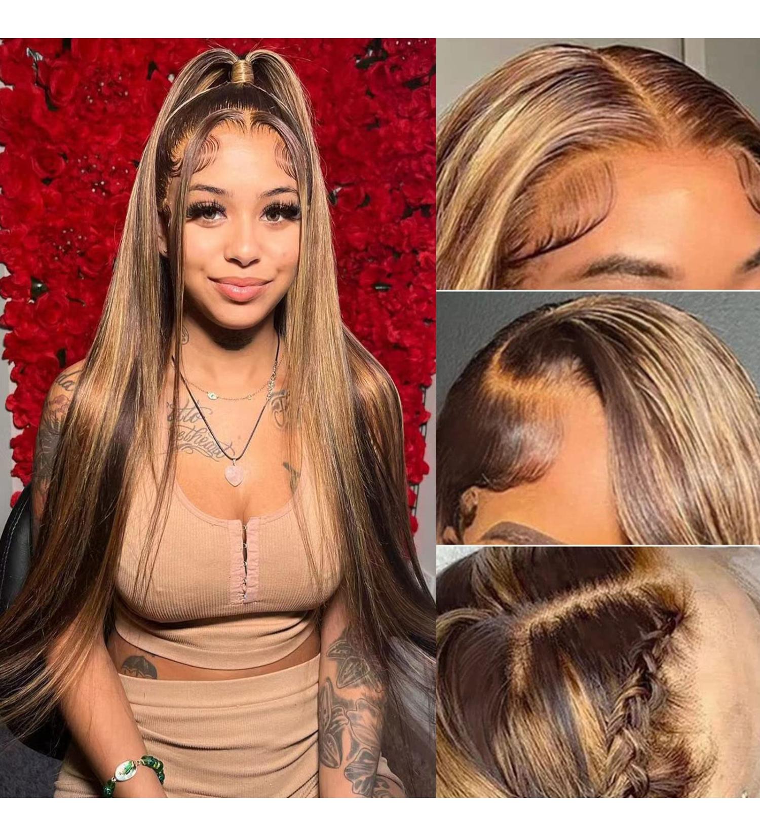 Honey Blonde Brown Ombre Straight Lace Front Human Hair Wig 24 Inch 4/27 Highlight Colored 180% Density HD Lace Frontal Wig for Women - Buy Online on GoSupps.com