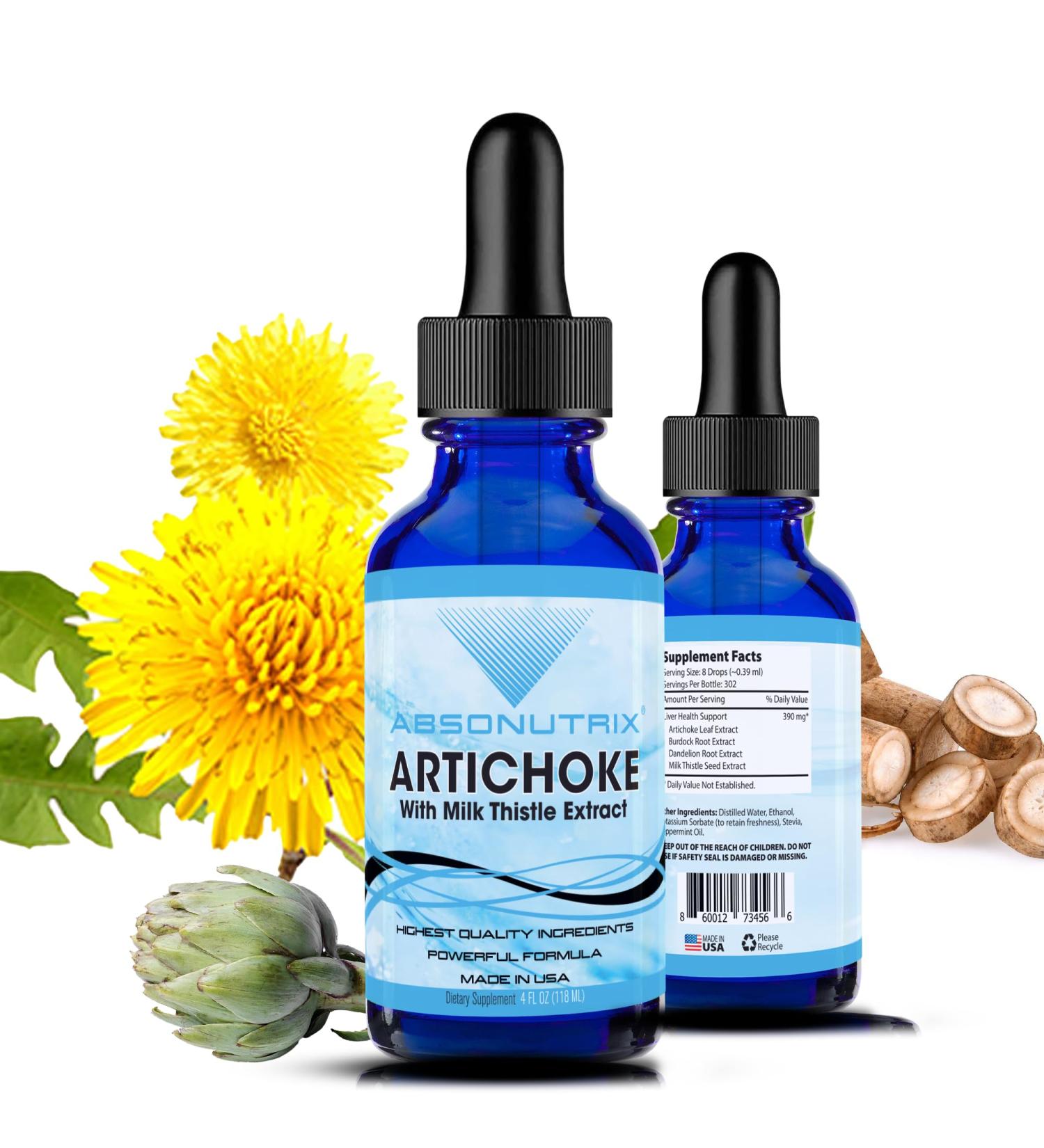 Absonutrix Artichoke with Organic Milk Thistle Extract 390 mg 4 FL OZ Liquid 302 Servings Made in USA Potent Plant-Based Ingredients Burdock Root Extract Dandelion Root Extract Non-GMO - Buy Online on GoSupps.com