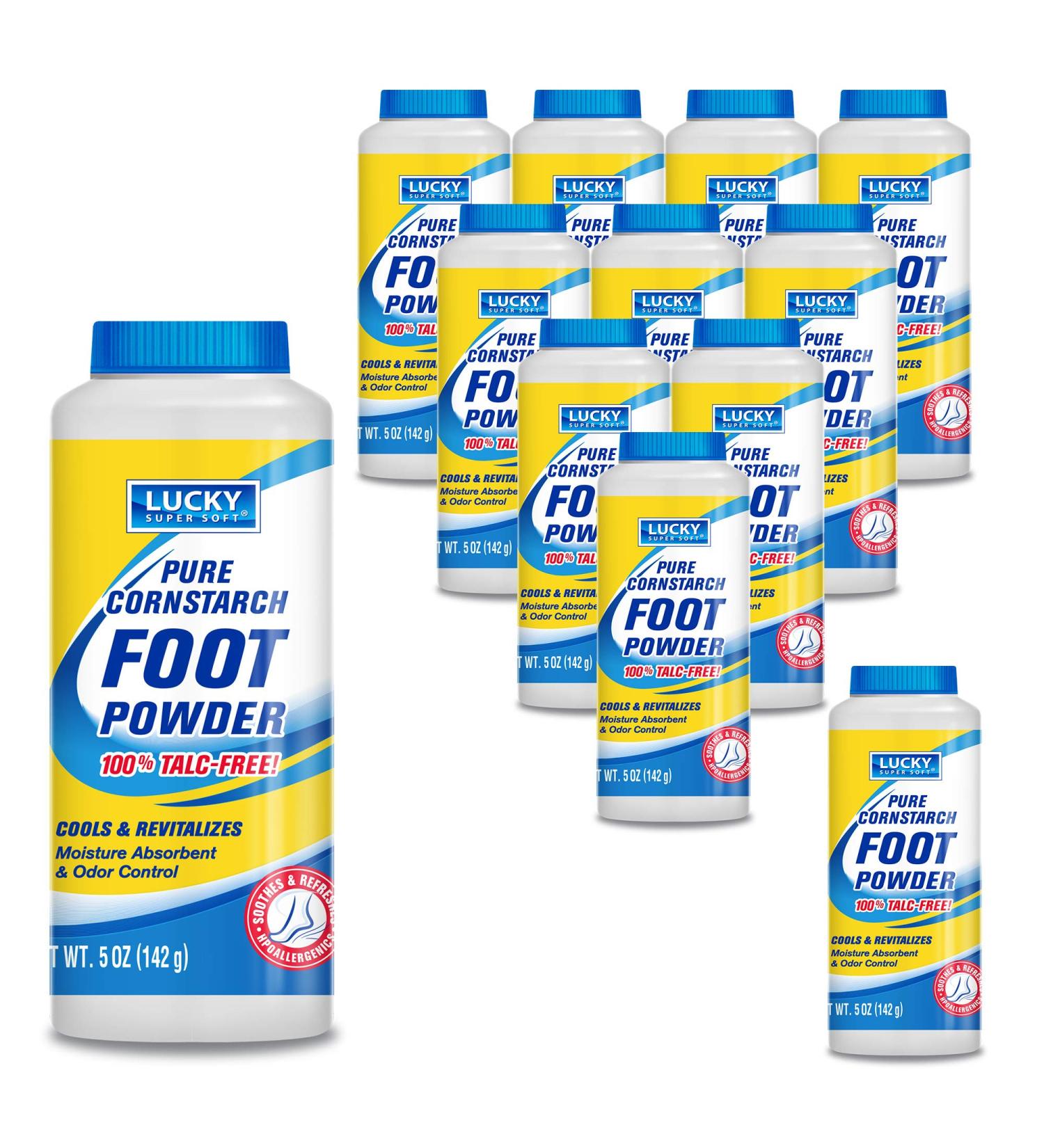 Lucky Super Soft Cornstarch Foot Powder - Talc-Free, Moisture Absorbing Formula for Odor Fighting & Chafing Protection - 12-Pack of 5-Ounce Bottles - Buy Online on GoSupps.com