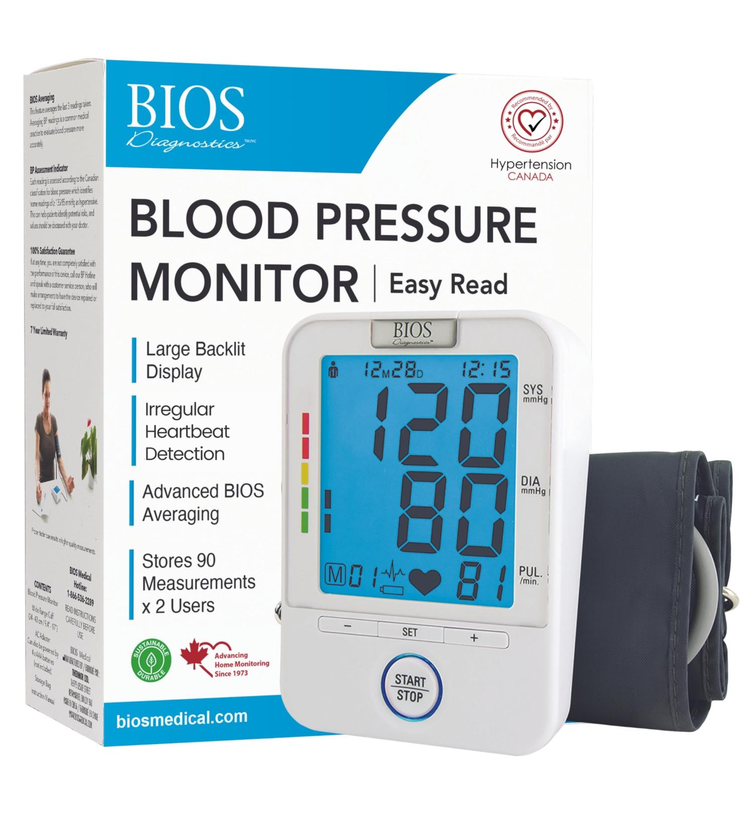 BIOS Diagnostic Blood Pressure Monitor - Easy Read Easy to use Accurate Readings Extra Large Blue Backlit Screen 2 Users 90 memory Home Use The #1 Canadian Blood Pressure Manufacturer* - Buy Online on GoSupps.com