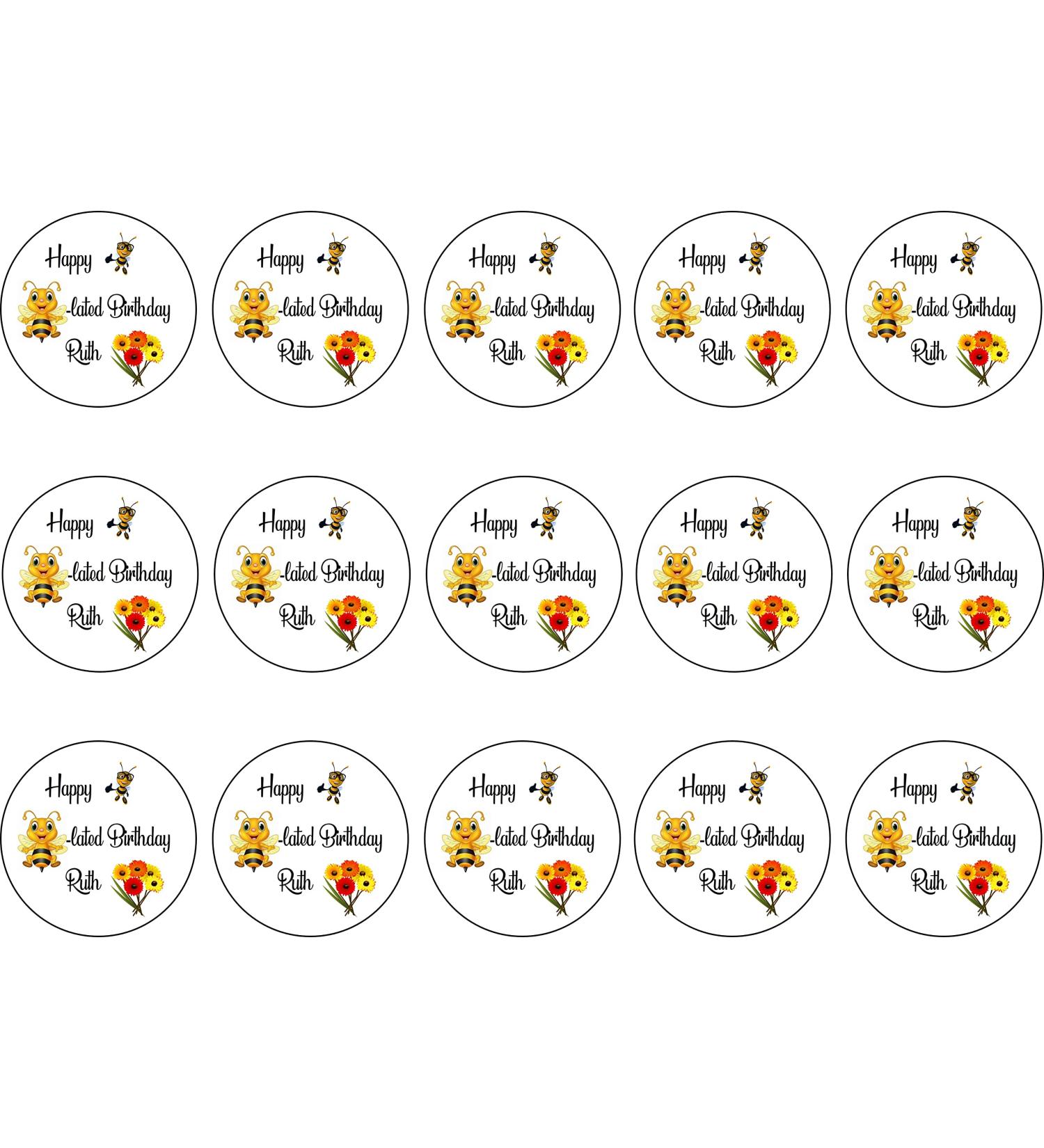 Belated birthday bee cupcake toppers icing wafer or card black and yellow Edible