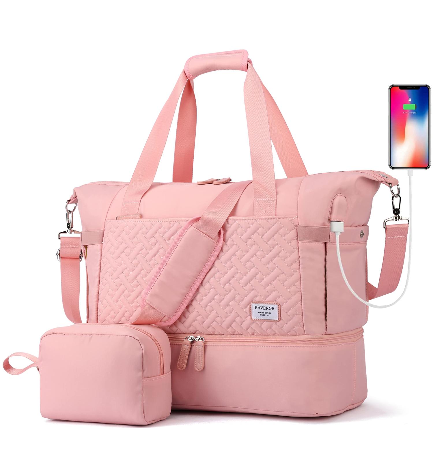 Women's Gym Bag with USB Charging Port | Pink Sports Duffel for Dance, Gym, Yoga & Travel - Buy Online on GoSupps.com
