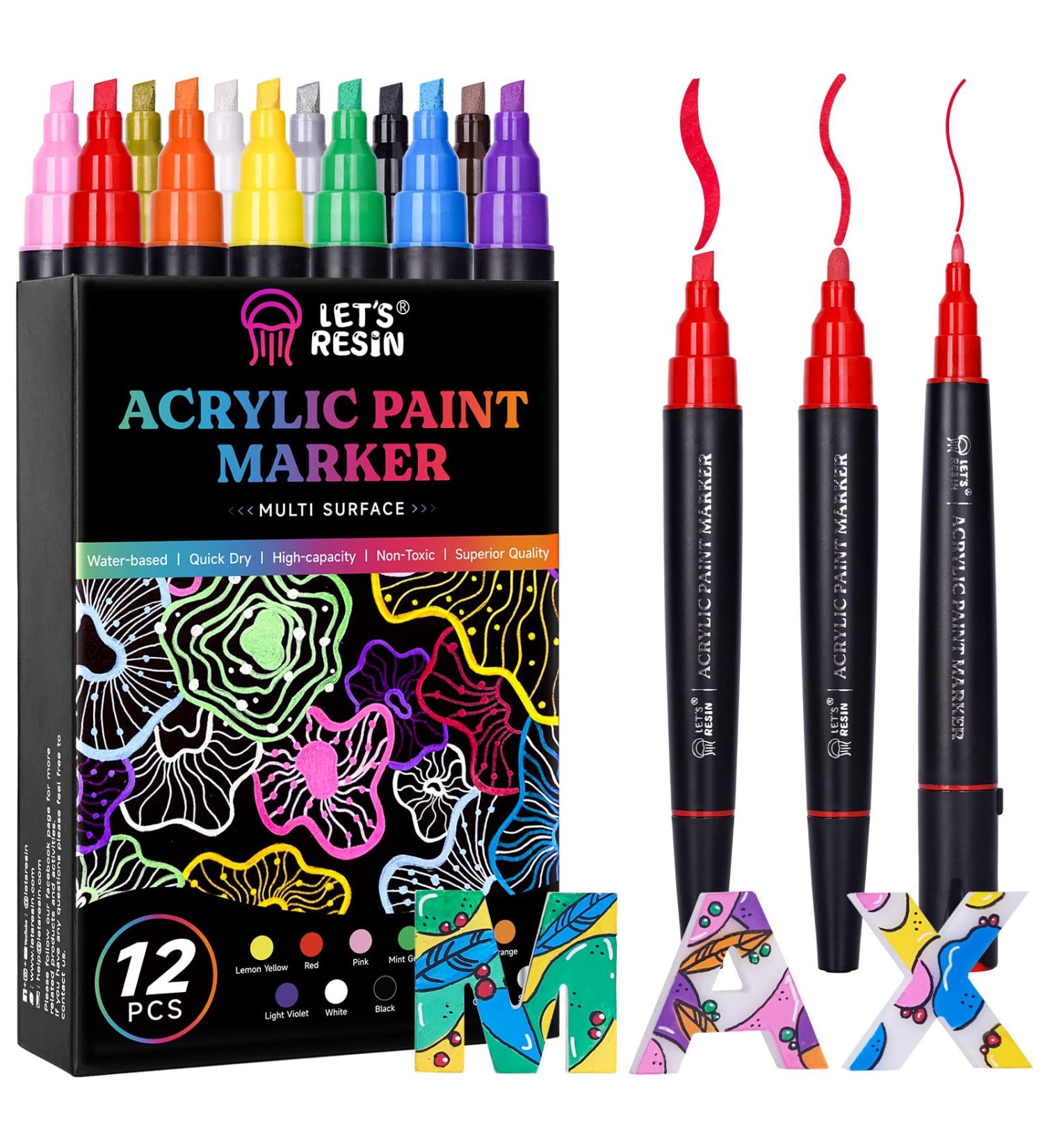 LET'S RESIN Acrylic Paint Markers 12 Colors - Multi-Purpose, High-Capacity Paint Pens for Resin Crafts, Rock, Stone, Canvas, Glass - DIY Art Supplies - Buy Online on GoSupps.com
