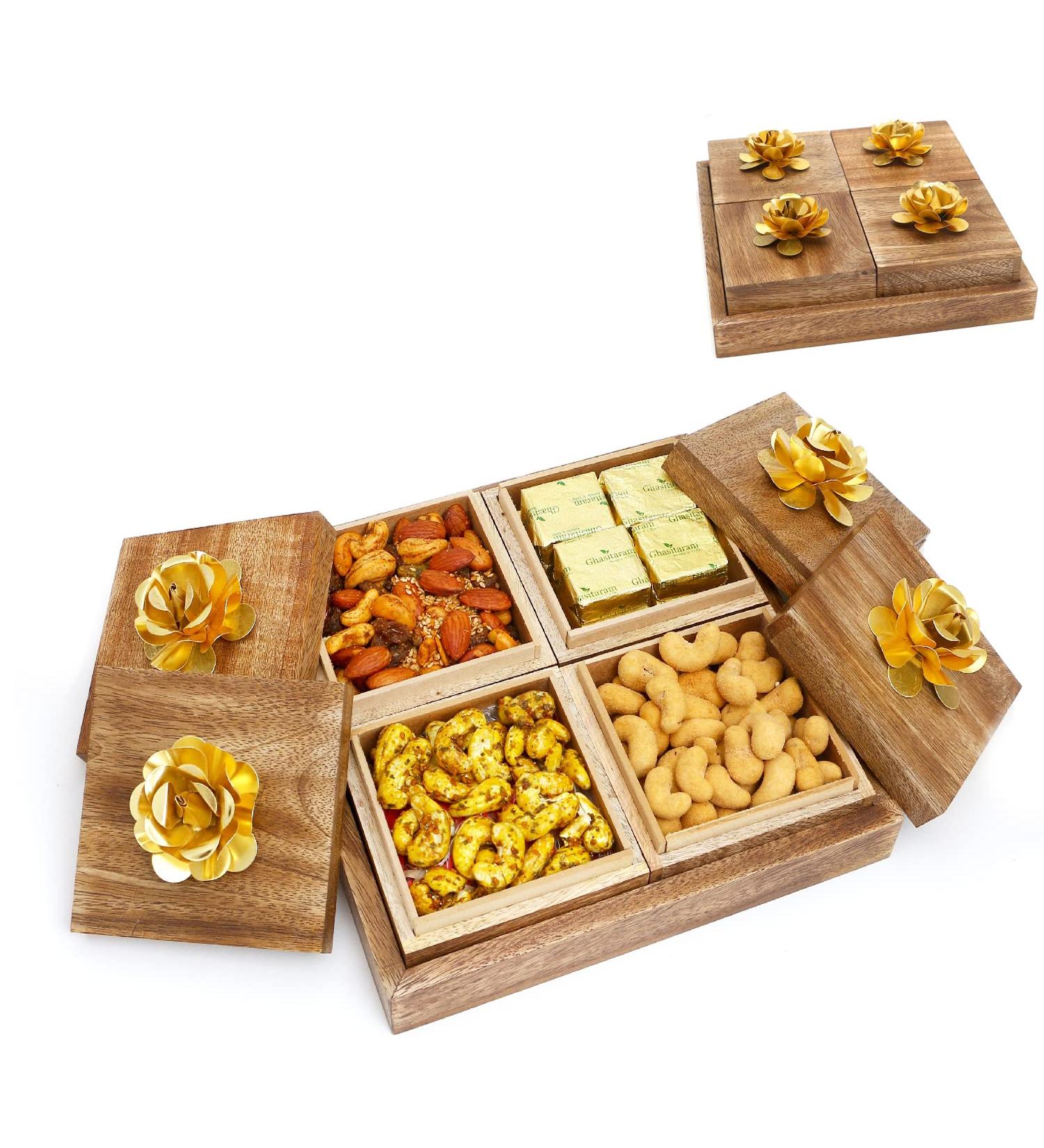 Jaiccha Ghasitaram Wooden 4 Assorted Dryfruits Box|Gift for Diwali Gifts Holi Rakhi Valentine Christmas Birthday Anniversary Her Him| - Buy Online on GoSupps.com