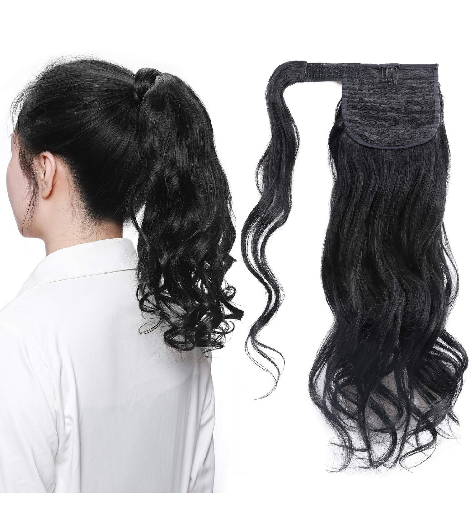 Ponytail Hair Piece Hair Extension 18inch 100% Real Remy Human Hair - Wrap Around Clip in Ponytail Curly Wavy Pony Tails Jet Black 18 Inch Curly Jet Black - Buy Online on GoSupps.com