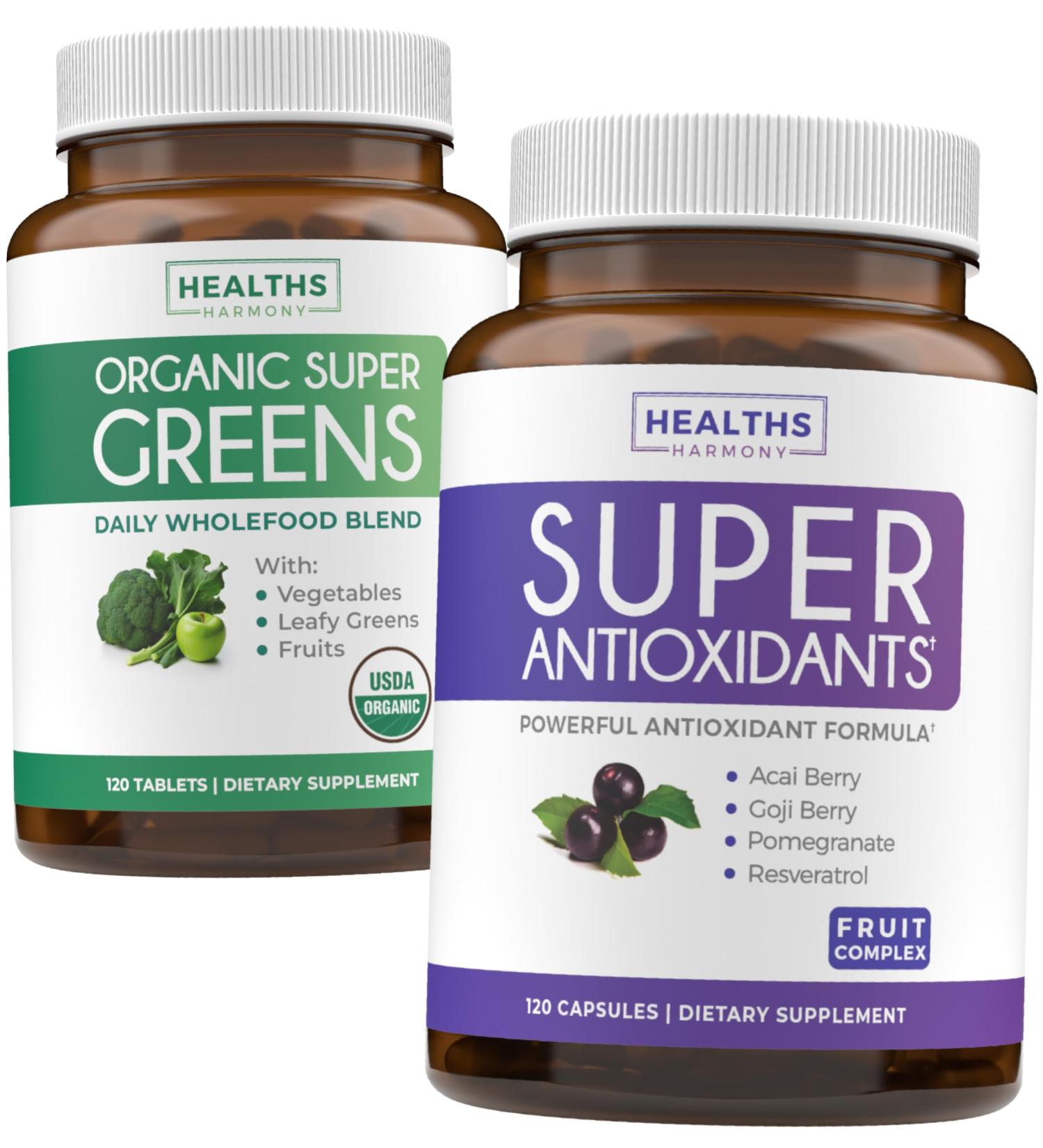 Super Greens & Antioxidants (2-Month Supply) Antioxidant Power Greens Bundle of Organic Super Greens Powder - Complete Superfood (120 Capsules) & Super Antioxidants - Powerful Superfood (120 Capsules) - Buy Online on GoSupps.com