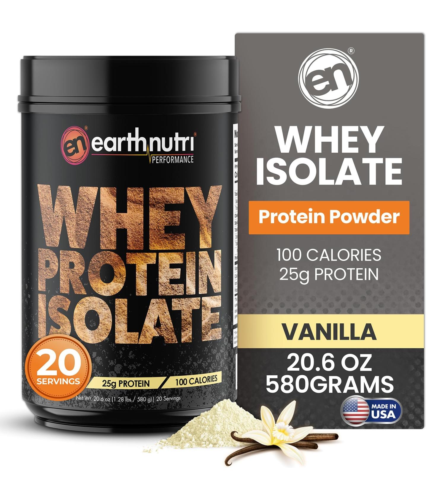EarthNutri - Whey Isolate Protein Powder - Post Workout Recovery Powder for Muscle Recovery & Growth - 25g Protein - Easily Digestible - Non-GMO & Gluten-Free - Vanilla Flavor - 20 Servings(1.28 lbs) - Buy Online on GoSupps.com