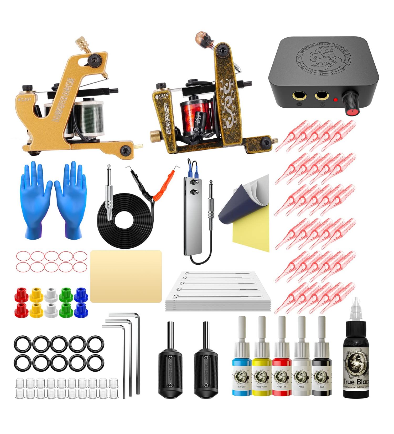 Wormhole Complete Tattoo Kit - 2 Coil Tattoo Machines, Color Immortal Inks, Power Supply, Needles, Tips, Grips - 126 Piece Set for Tattoo Artists | TK105(2gun) - Buy Online on GoSupps.com