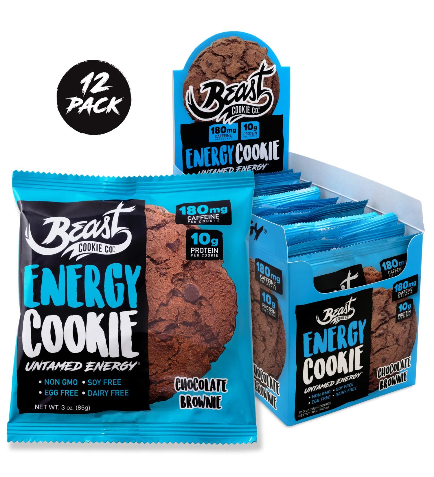 Beast Energy Cookie - Vegan Protein Chocolate Brownie Cookie | 180mg Caffeine, 10g Protein | Dairy-Free, Soy-Free, Egg-Free, Non-GMO | 3 Oz 12-Pack - Buy Online on GoSupps.com