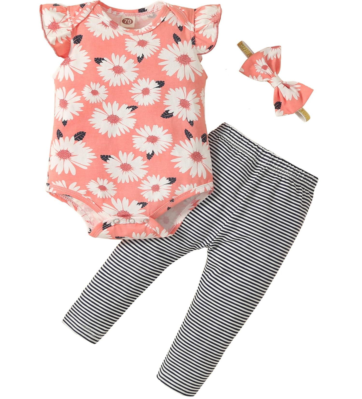 Koonde Baby Girl Clothes Set | 3-piece Outfit (Romper, Trouser & Headband) | Newborn to 24 Months | 3-6 Months | Peach + Blue - Buy Online on GoSupps.com
