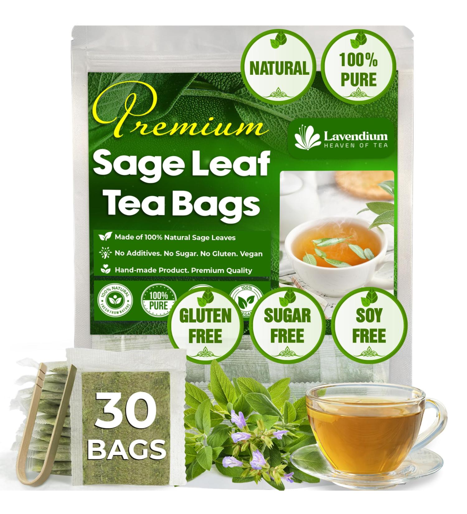 Lavendium Premium 30 Sage Leaf Tea Bags 100% Natural & Pure from Sage Leaves. Loose Leaf Sage Herbal Tea. Made with Natural Material Tea Bags. No Sugar No Caffeine No Gluten Vegan. CA Sage 30 Bags - Buy Online on GoSupps.com