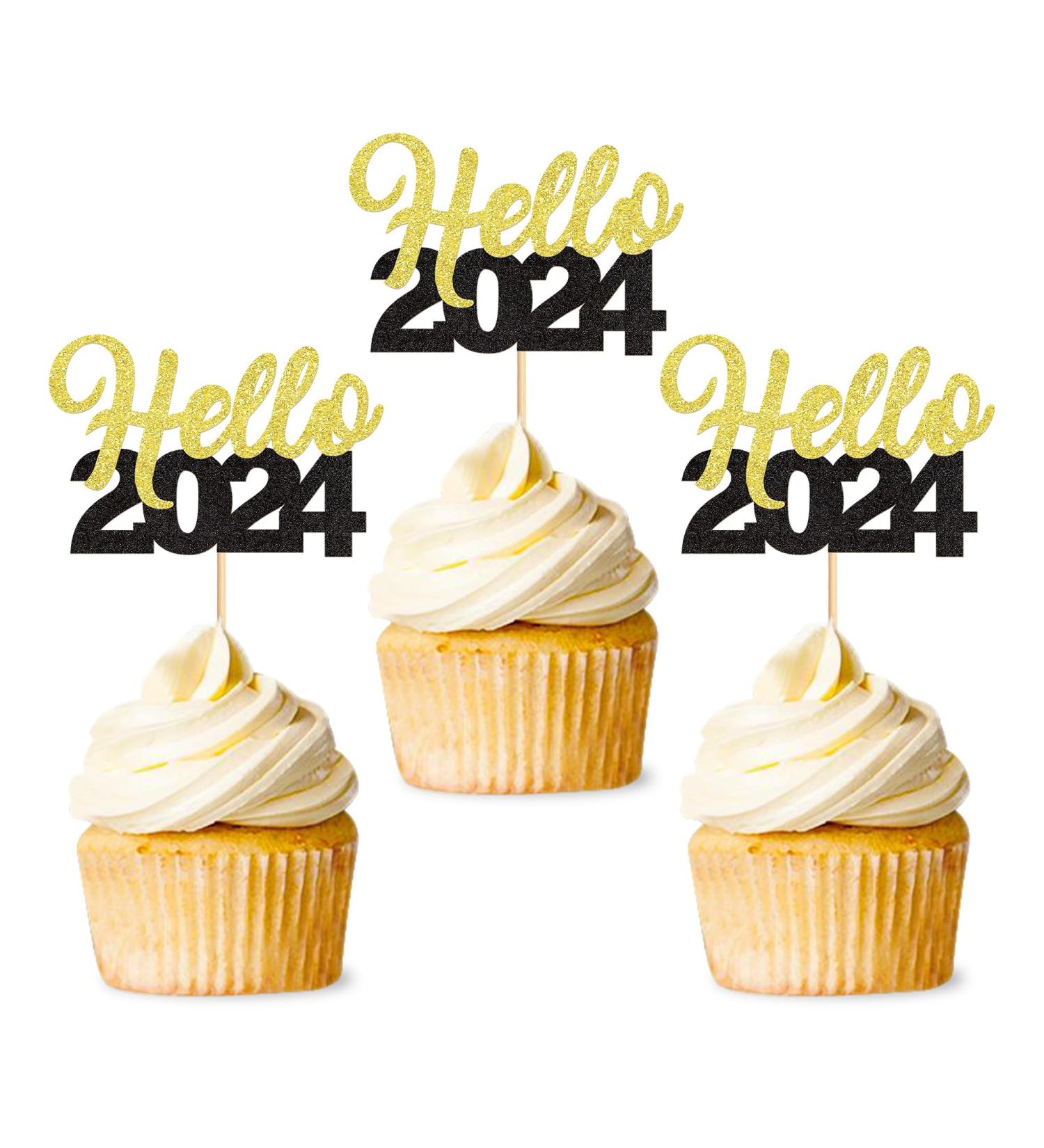 30 Pcs Glitter Happy New Year Cupcake Toppers 2024 Gold Black Cupcake topper Cheers to 2024 Cake Picks for New Years Eve Party Decoration (Hello) - Buy Online on GoSupps.com