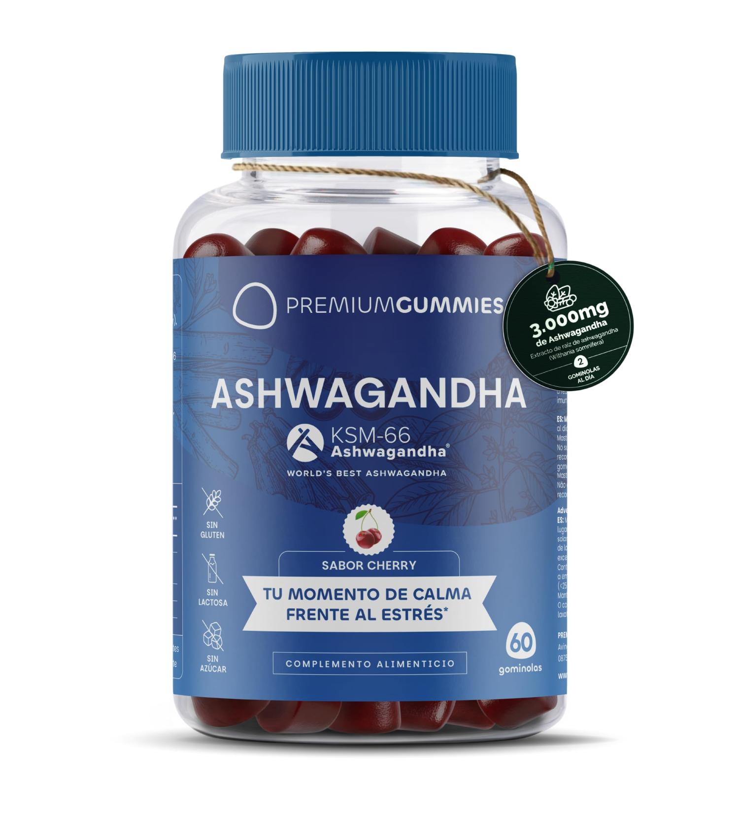  PREMIUM GUMMIES Ashwagandha KSM-66 Candy 3000mg - Natural Stress Reliever - Natural Cherry Flavour - With Vitamins B6 B12 and D3 - Sugar Free Vegan - Gluten Free - Non-GMO - 60 Sweets - 30 Days by Premium - Buy Online on GoSupps.com