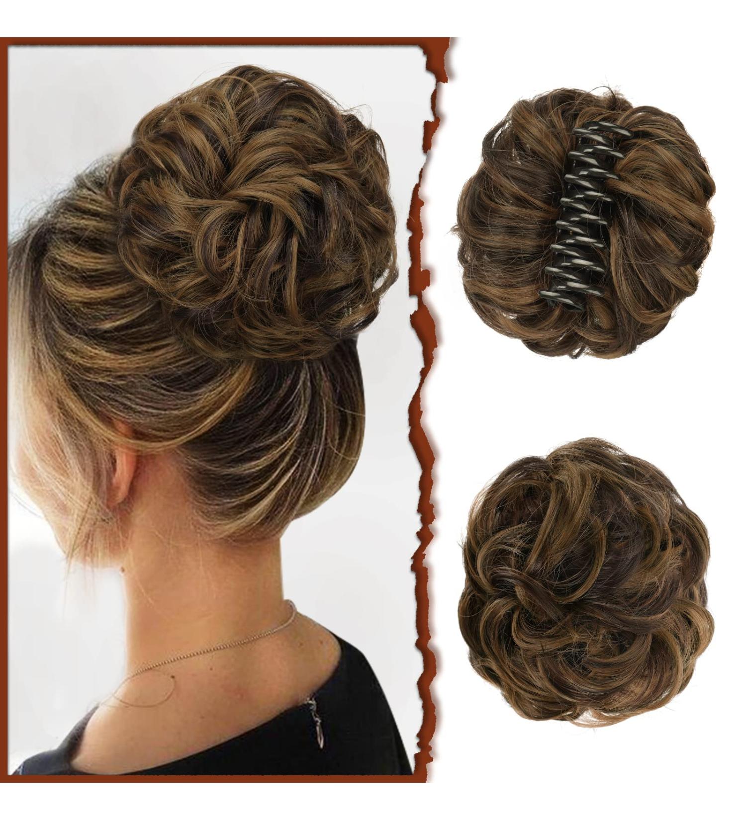 Sofeiyan Claw Clip Messy Bun Hair Piece | Wavy Curly Updo Hair Extensions | Dark Brown/Golden Auburn - Buy Online on GoSupps.com