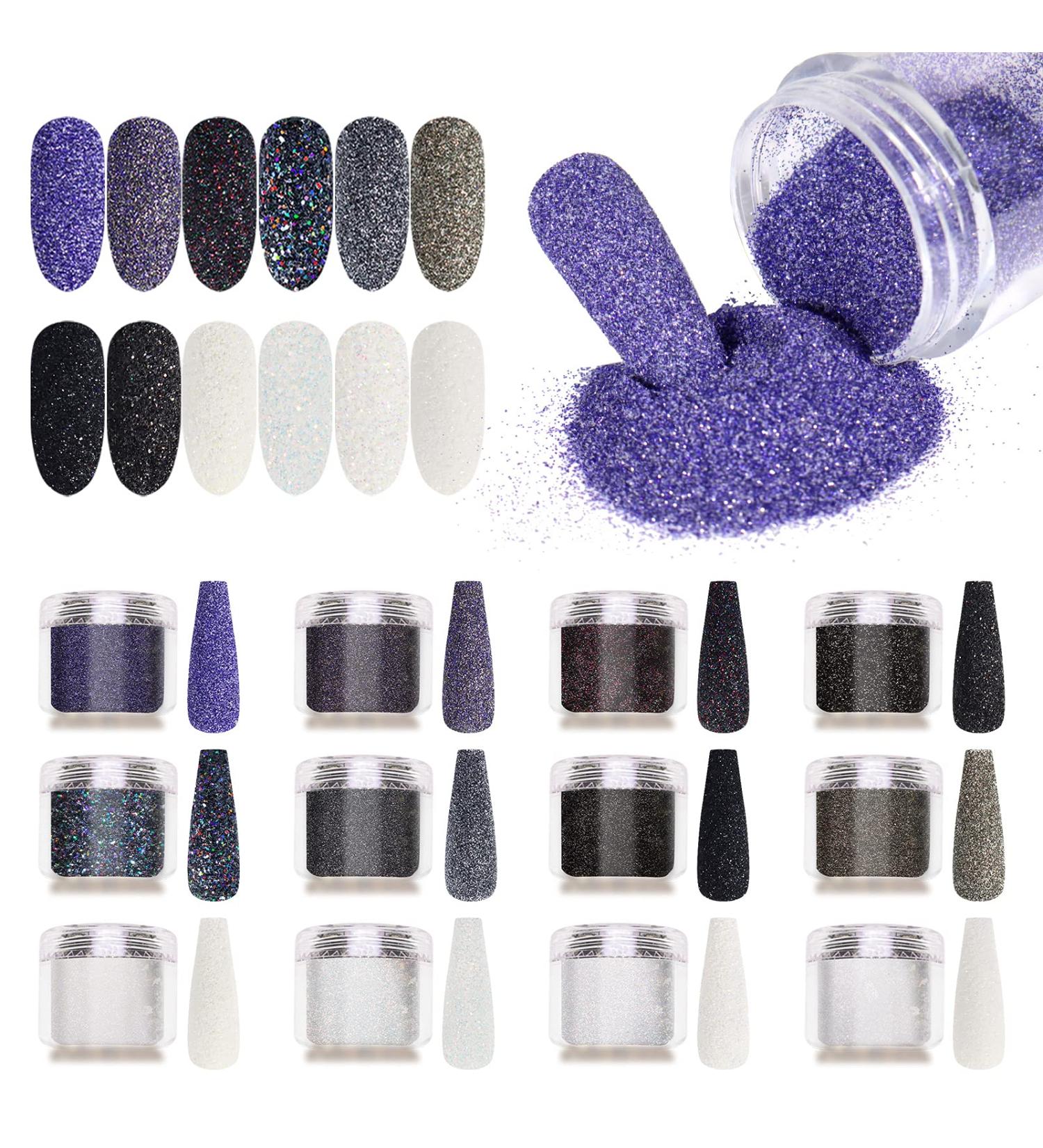 Laza 12 Colors Nail Glitter Powder - Shining Sugar Effect Black White Dust Sand Candy Coat Manicure Nail Art Decoration - Buy Online on GoSupps.com