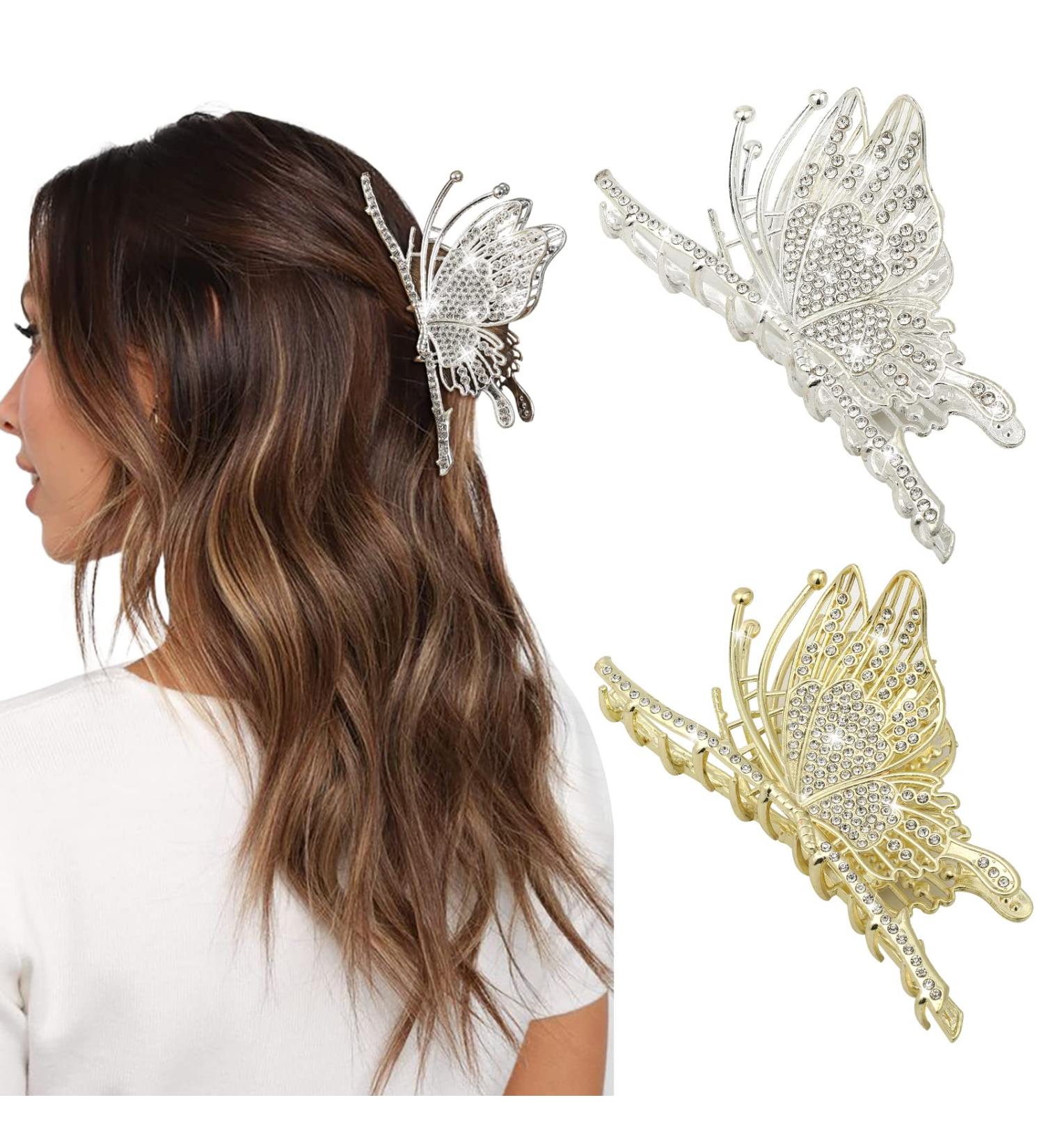 Aolemy 2Pcs Butterfly Hair Clips for Women - Non-Slip Metal Hair Claw Clips with Rhinestones - Fashion Hair Accessories - Buy Online on GoSupps.com