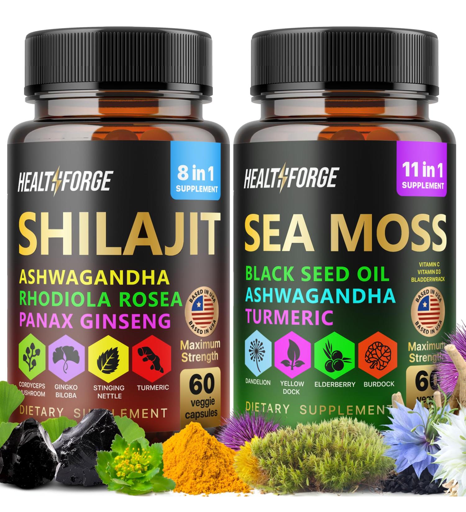 Shilajit Ashwagandha Capsules & Sea Moss Capsules Black Seed Oil Capsules Ashwagandha Turmeric - Shilajit for Woman Men Immune Support Rhodiola Rosea Shilajit 60 Capsules & Sea Moss 60 Capsules Set - Buy Online on GoSupps.com