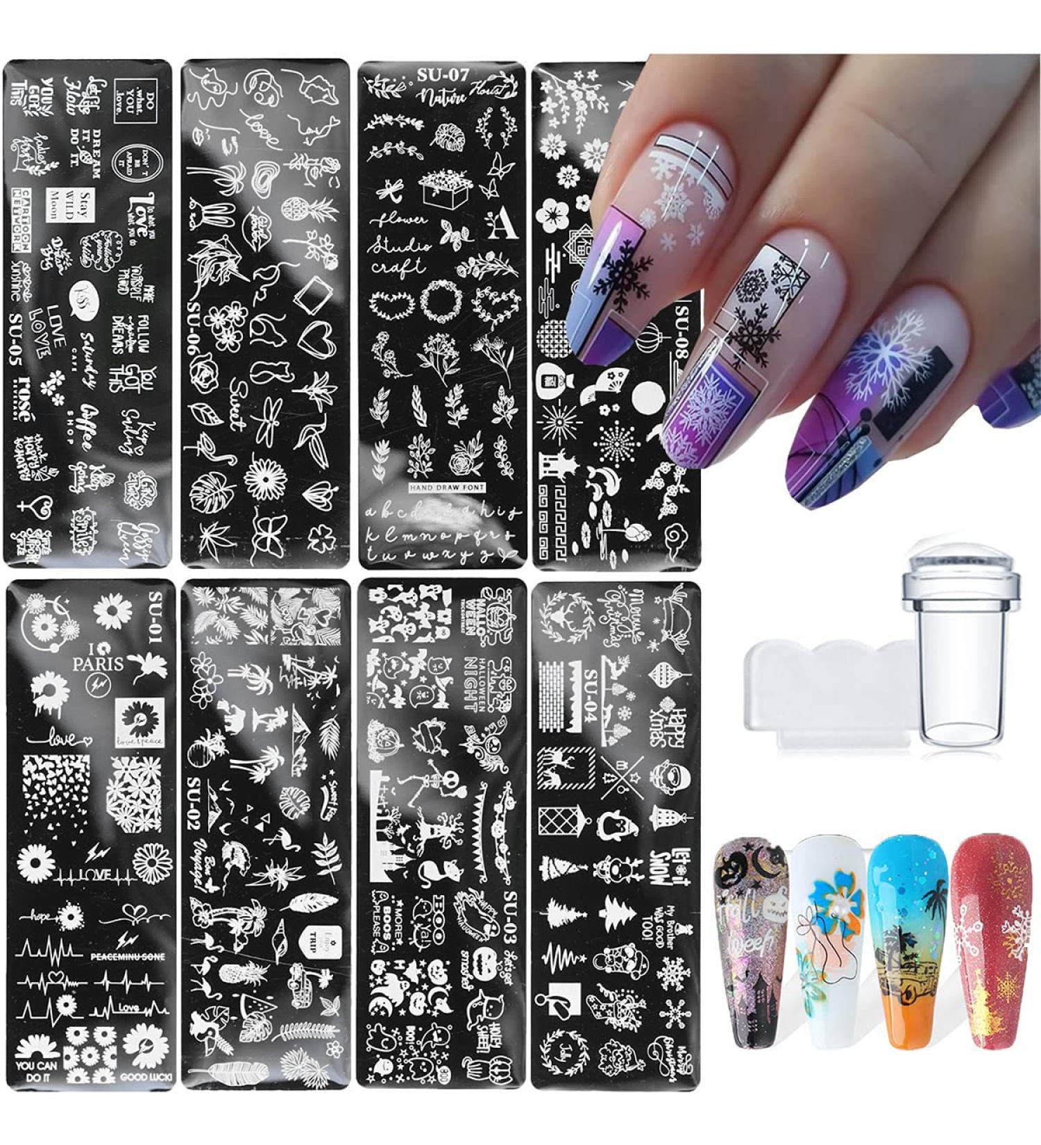 Nail Stamper Kit - 8 PCS Stamping Plates with Art Stamps & Scraper - Flowers, Leaves, Words - Nail Stencils for Reusable Manicure - Buy Online on GoSupps.com