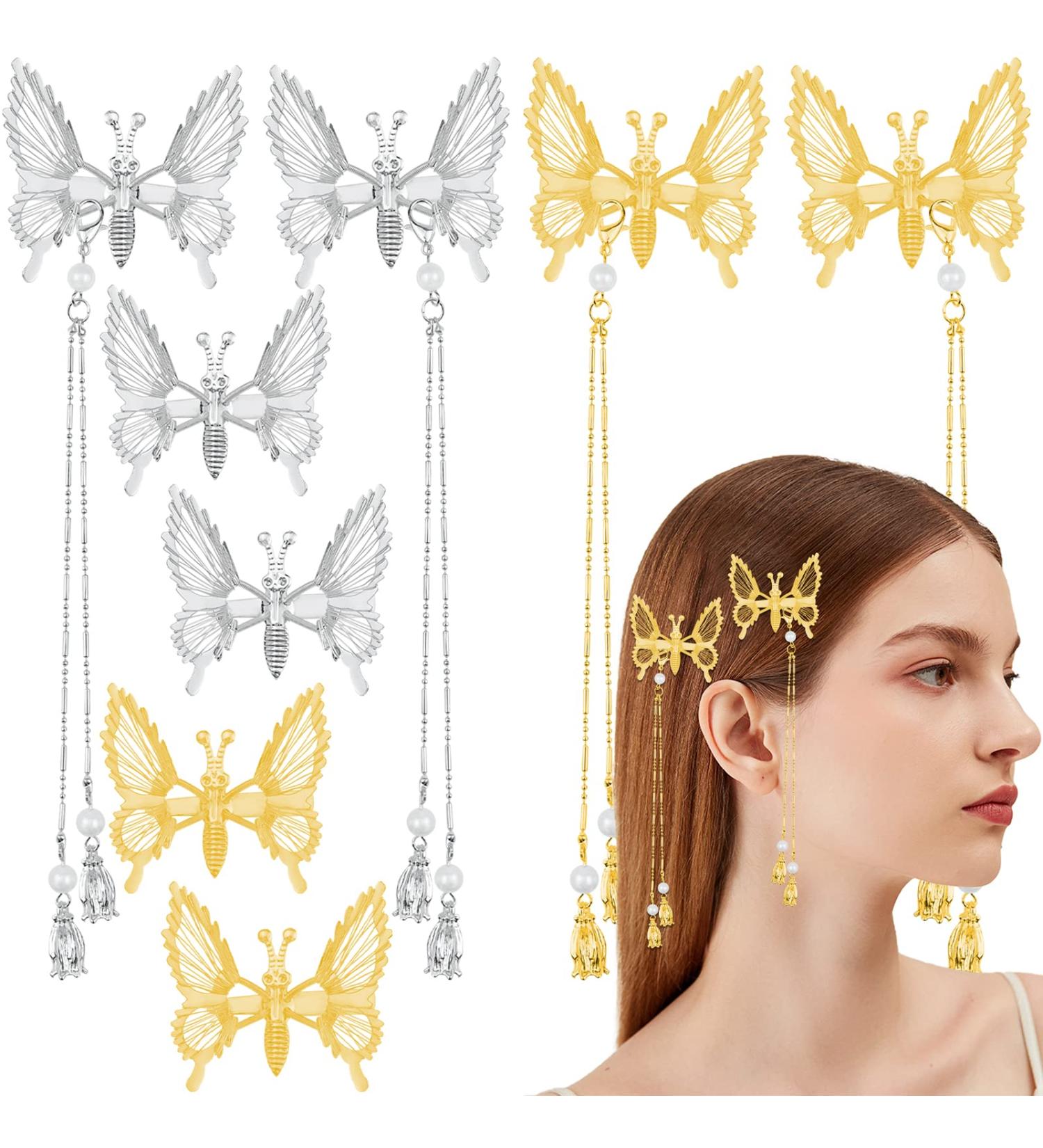 Elegant Tassel Butterfly Hairpin Set - 8 Pcs Antique Metal Barrettes for Women and Girls - Gold & Silver Butterfly Clips - Fashionable Hair Accessories - Buy Online on GoSupps.com
