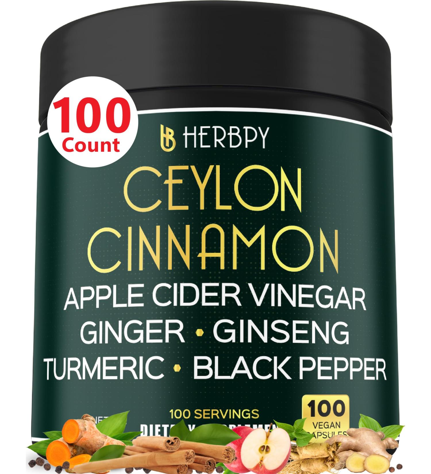 Herbpy 6in1 Premium Ceylon Cinnamon Supplement Plus Apple Cider Vinegar Turmeric Ginger Ginseng - Weight Management Digestion - 100 Vegan Capsules - Buy Online on GoSupps.com