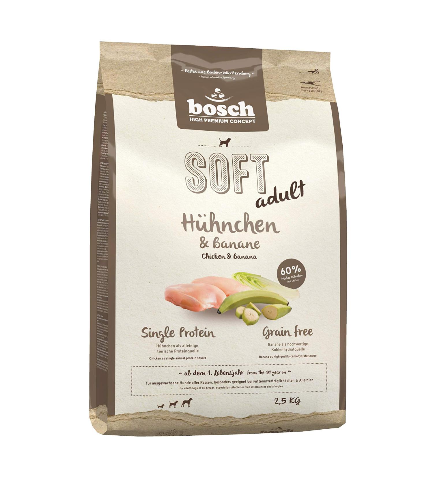 bosch HPC SOFT Chicken & Banana - Semi-moist dry food for adult dogs of all breeds - Monoprotein - Grain-free - 1 x 2.5 kg - Buy Online on GoSupps.com
