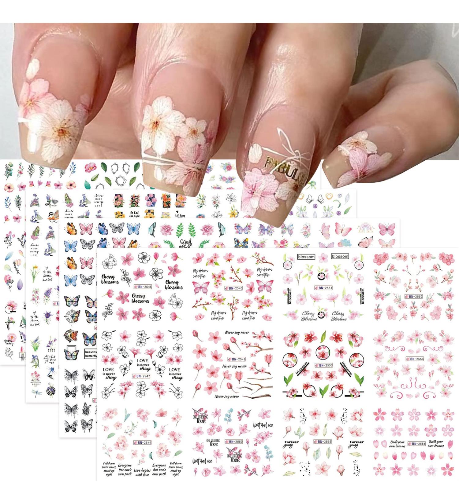 YOSOMK 48 Sheets Flower Nail Art Stickers Spring Peach Blossom Nail Decals Water Transfer Nail Art Supplies Summer Butterfly Design Nail Accessories for Women DIY Nail Decorations. Nail Art Stickers-1 - Buy Online on GoSupps.com