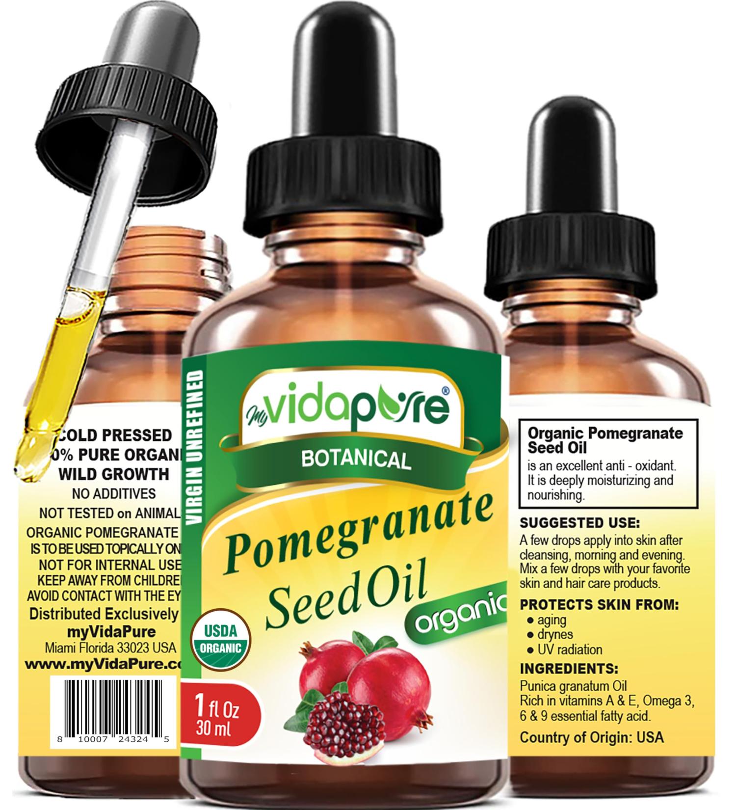 MYVIDAPURE ORGANIC POMEGRANATE SEED OIL Certified Organic 100% Natural. Refined Raw Undiluted for Skin Face Hair Lip and Nail Care. (1 Fl Oz) 1 Fl Oz (Pack of 1) - Buy Online on GoSupps.com