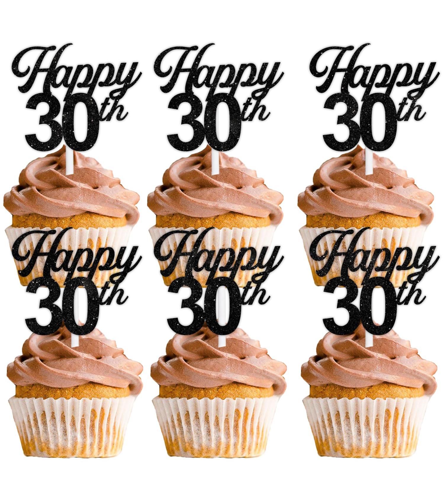 18pcs Black Glitter Happy 30th Dessert Cupcake Pick for Cheer to 30 Years Old Theme Decor Supplies Men Women Happy Birthday Wedding Anniversary Party Decoration - Buy Online on GoSupps.com