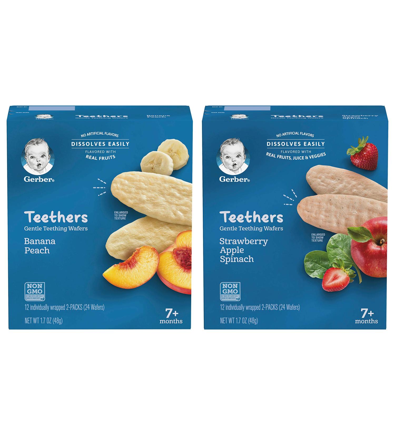 Gerber Teethers Gentle Teething Wafers Variety Pack - Banana Peach & Strawberry Apple Spinach - 24 CT - Pack of 2 Boxes - Buy Online on GoSupps.com