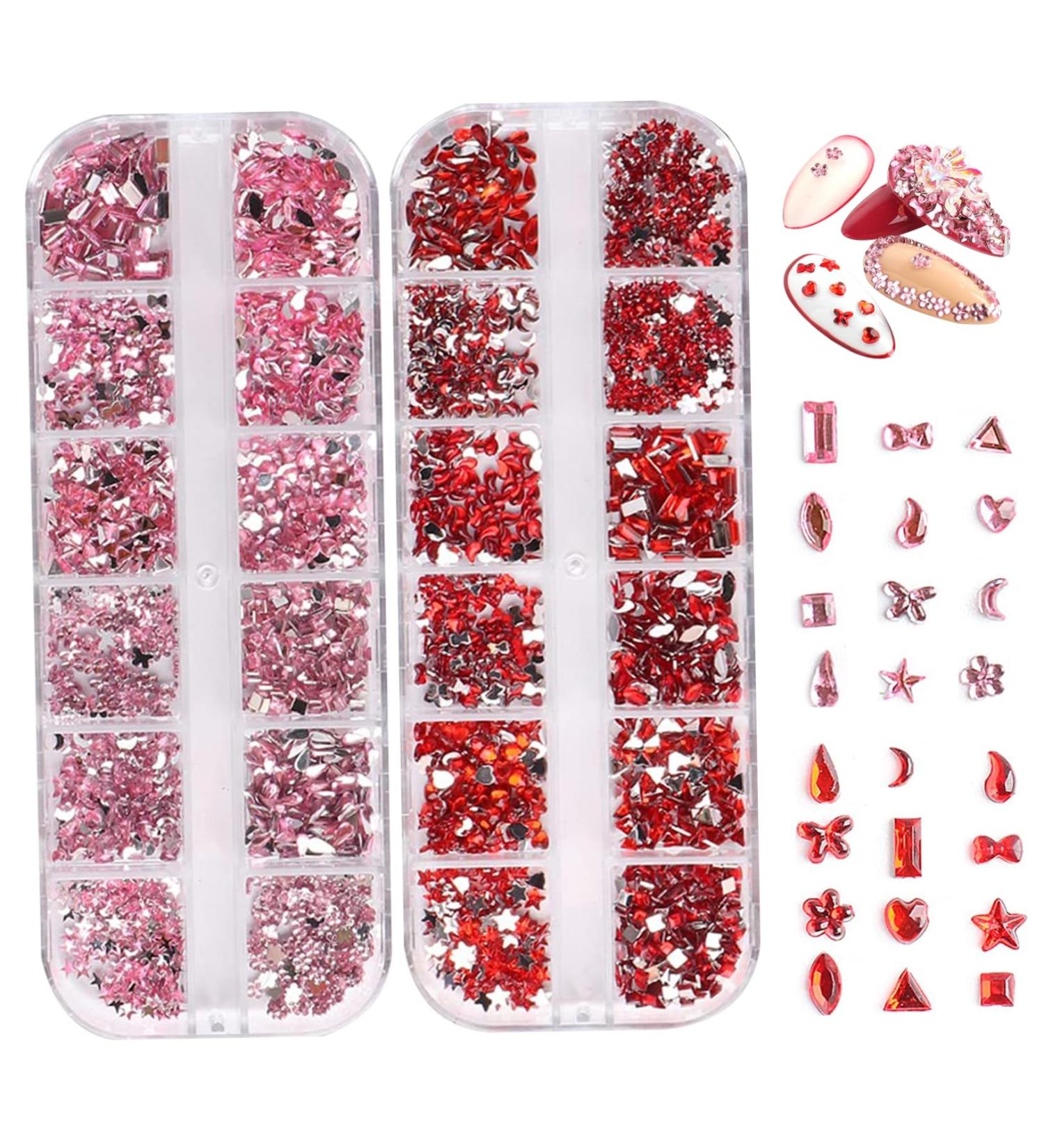 Nail Gems 2 Plates Rhinestones for Nail Art 2 Colors 12 Grids Different Shape 3D Nail Art Gems with Rhinestone Picker Dotting Pen for Professionals Beginners Nails Salon Clothes Craft Style1 red + as shown - Buy Online on GoSupps.com