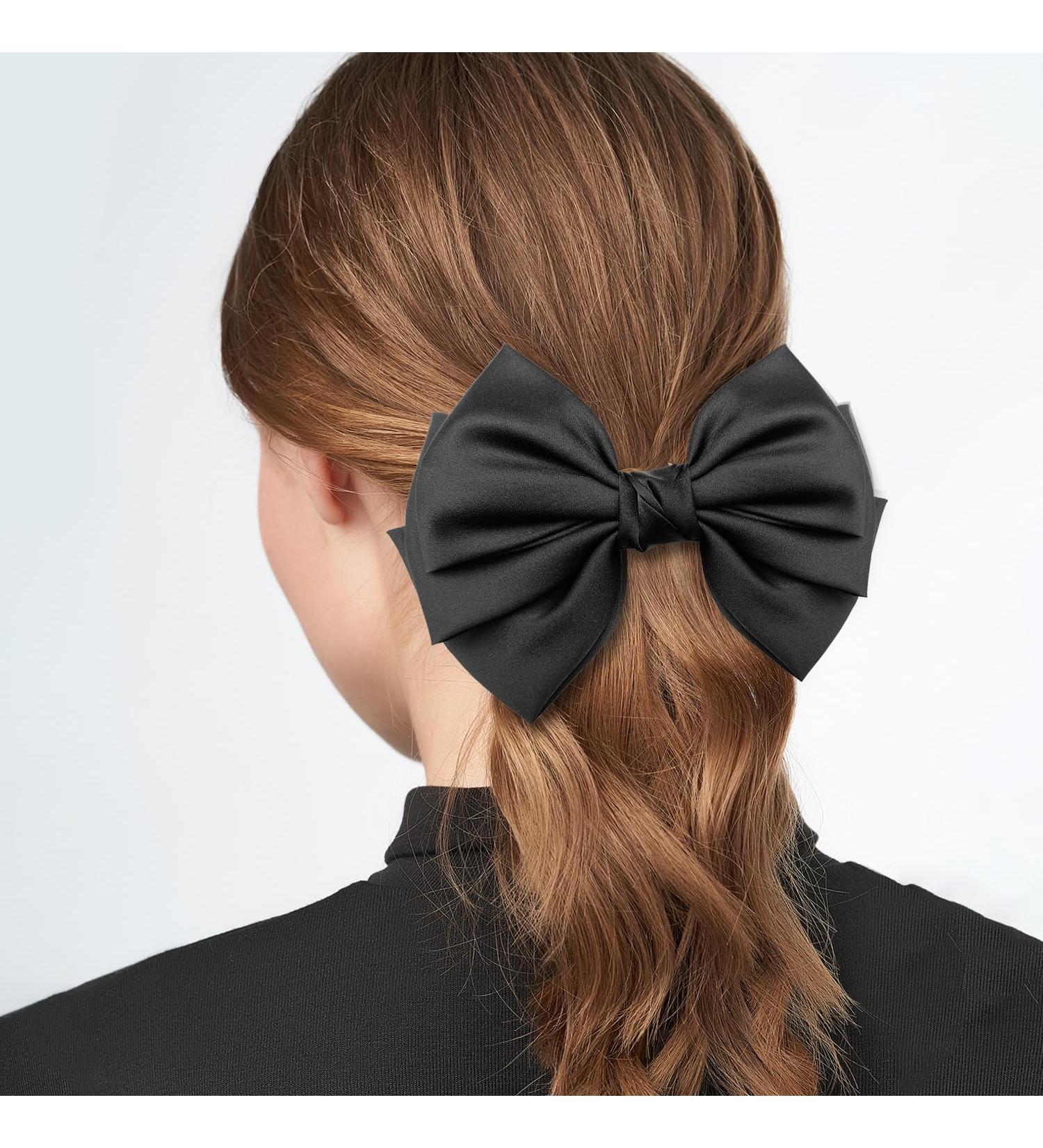 Bow Hair Clip Hair Bows for Women Big Bowknot Hairpin French Hair Clips with Ribbon Solid Color Hair Barrette Clips Soft Satin Silky Hair Bows for Women Girls(Black-1PC) - Buy Online on GoSupps.com