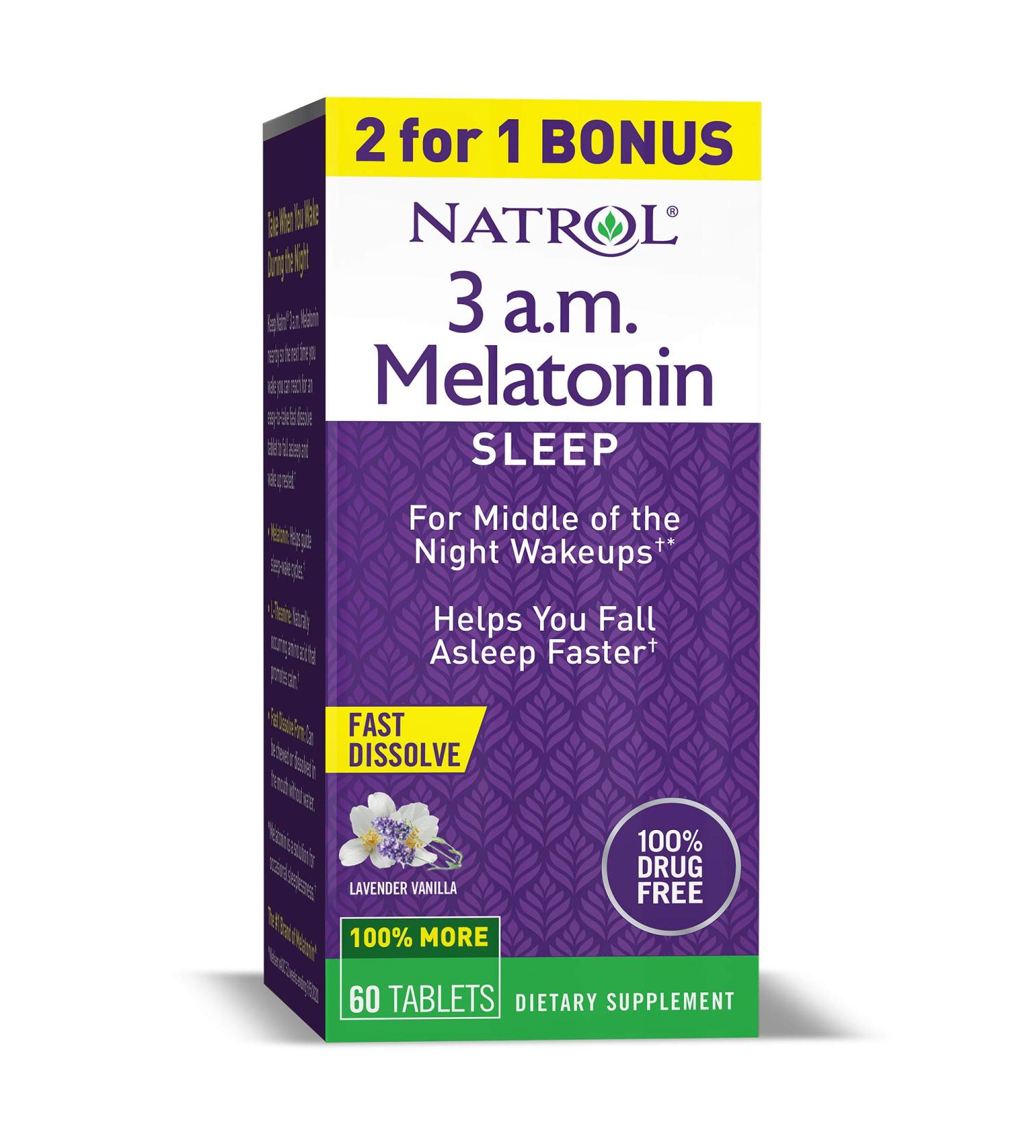 Natrol 3 A.M. Melatonin Fast Dissolve Tablets - Lavender Vanilla, 60 Count - Better Sleep Aid - Buy Online on GoSupps.com