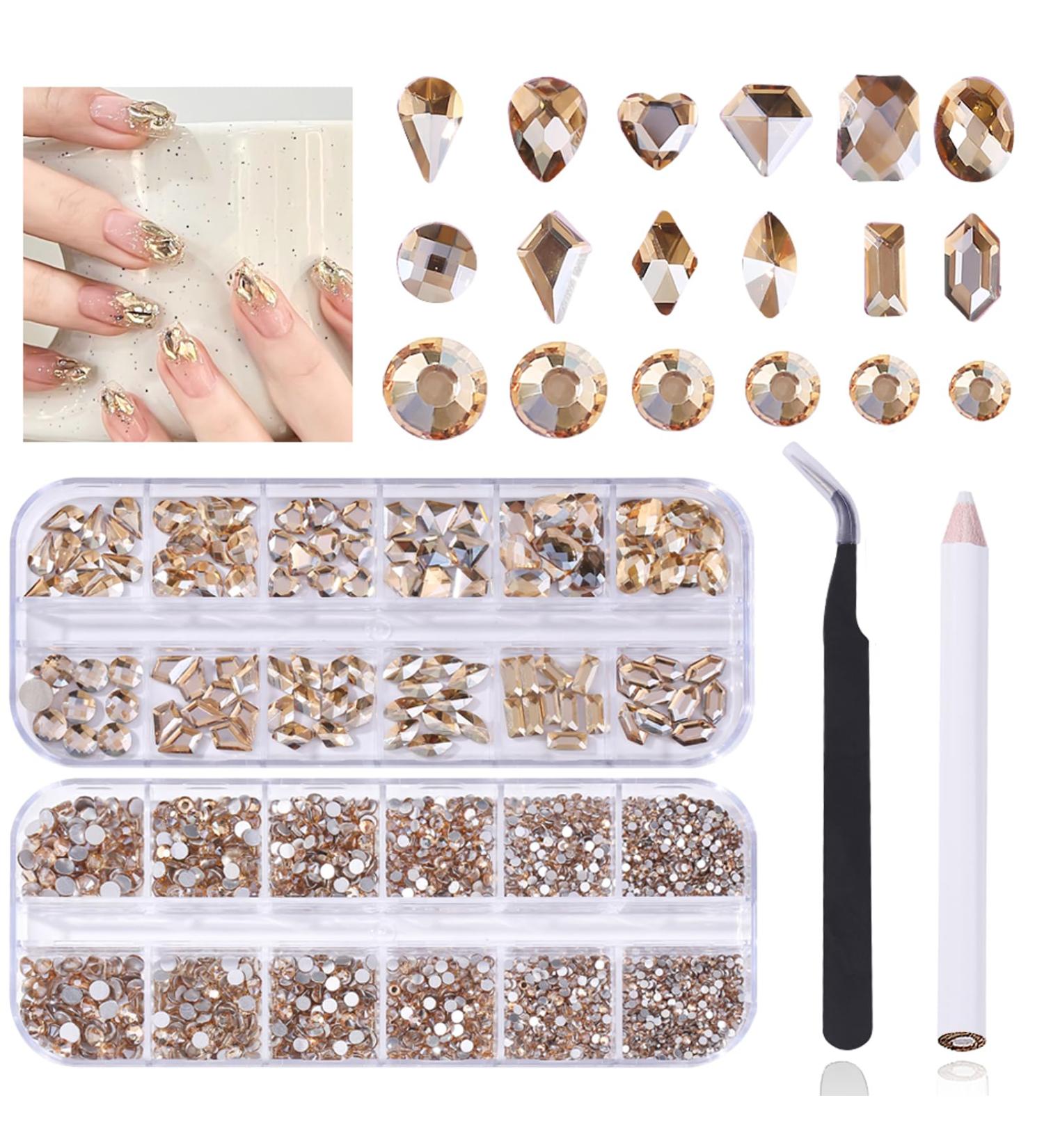 Champagne Diamond Nail Rhinestones | Mixed Size Crystal AB Gemstones for Nail Art DIY | HOINCO Crystal Rhinestones with Tweezers - Buy Online on GoSupps.com