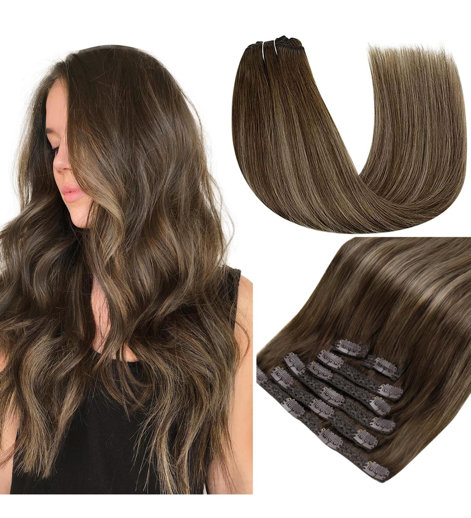 Runature Ombre Clip In Extensions - Real Hair Balayage Dark Brown & Caramel Blonde #4/27/4 - 50cm 120g 7PCs - Buy Online on GoSupps.com
