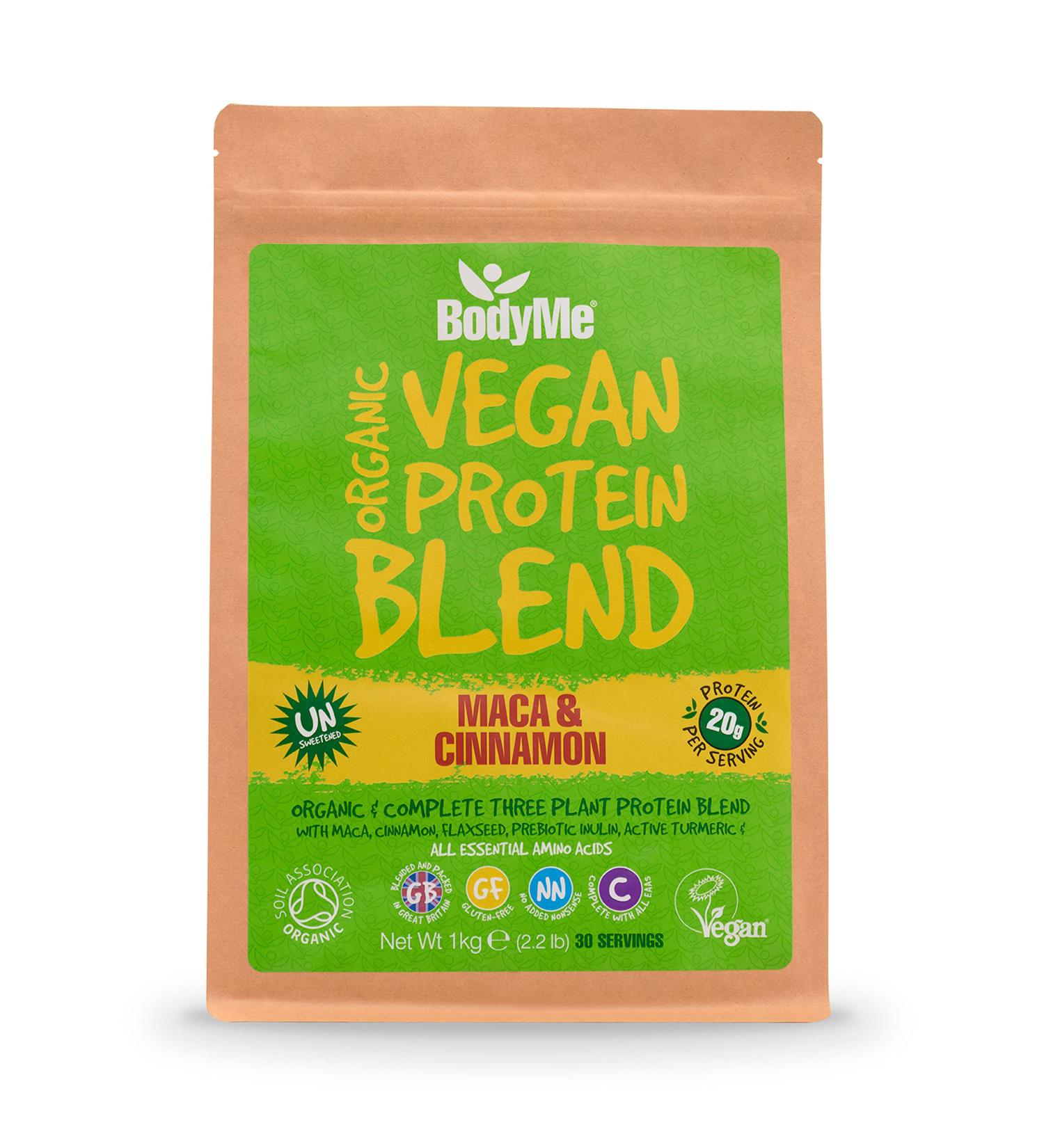 BodyMe Organic Vegan Protein Powder Blend with Maca and Cinnamon - Superfood Boosted, Unflavoured, Dairy and Soy Free - 1kg (30 Servings) - Buy Online on GoSupps.com