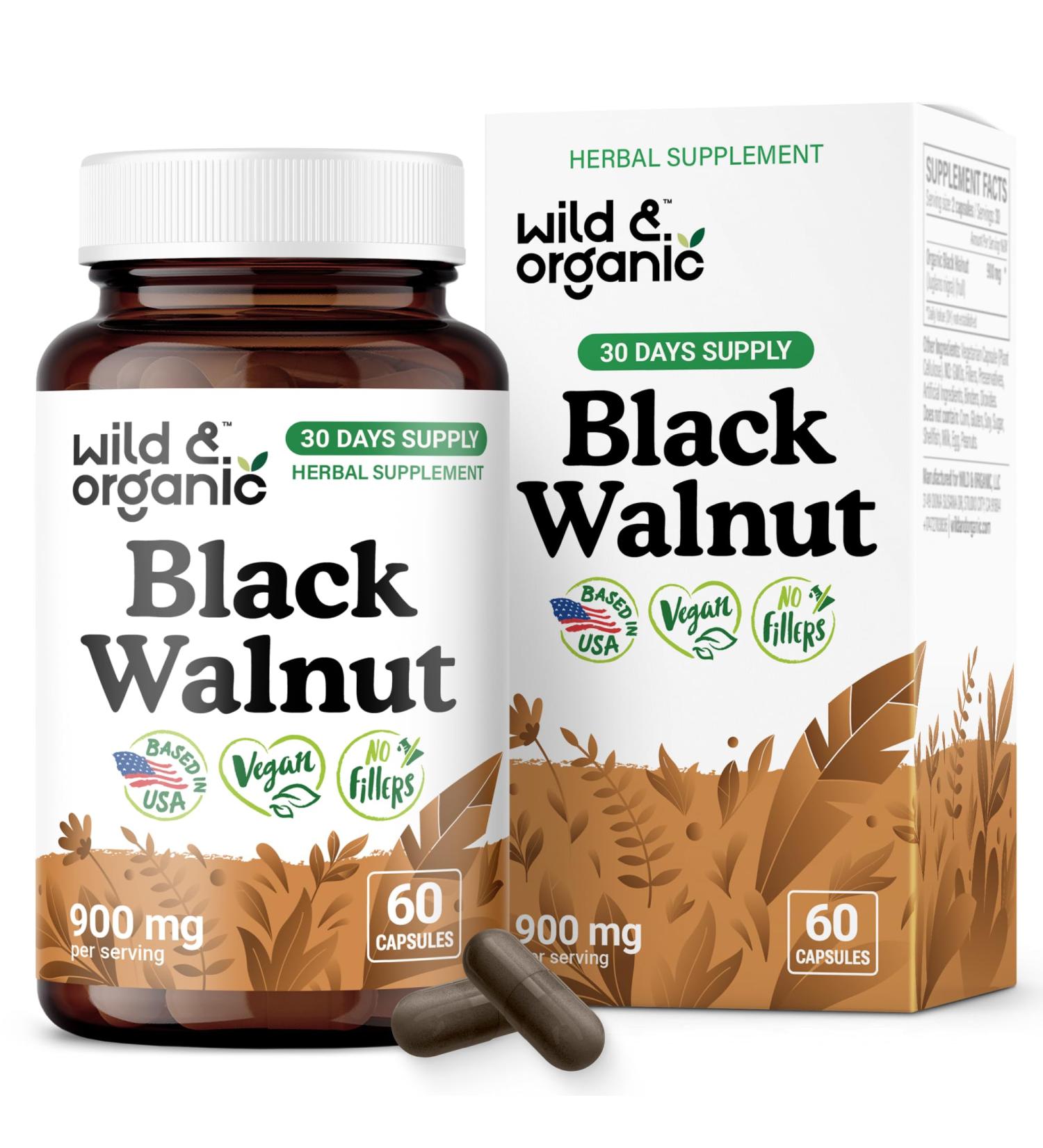 Wild & Organic Black Walnut Capsules 900 mg - Detox & Cleanse Support - Black Walnut Hull Powder Supplement - Juglans Nigra Herb - 30 Days of Supply - Vegan No Fillers Non-GMO - 60 Count 60 Count (Pack of 1) - Buy Online on GoSupps.com