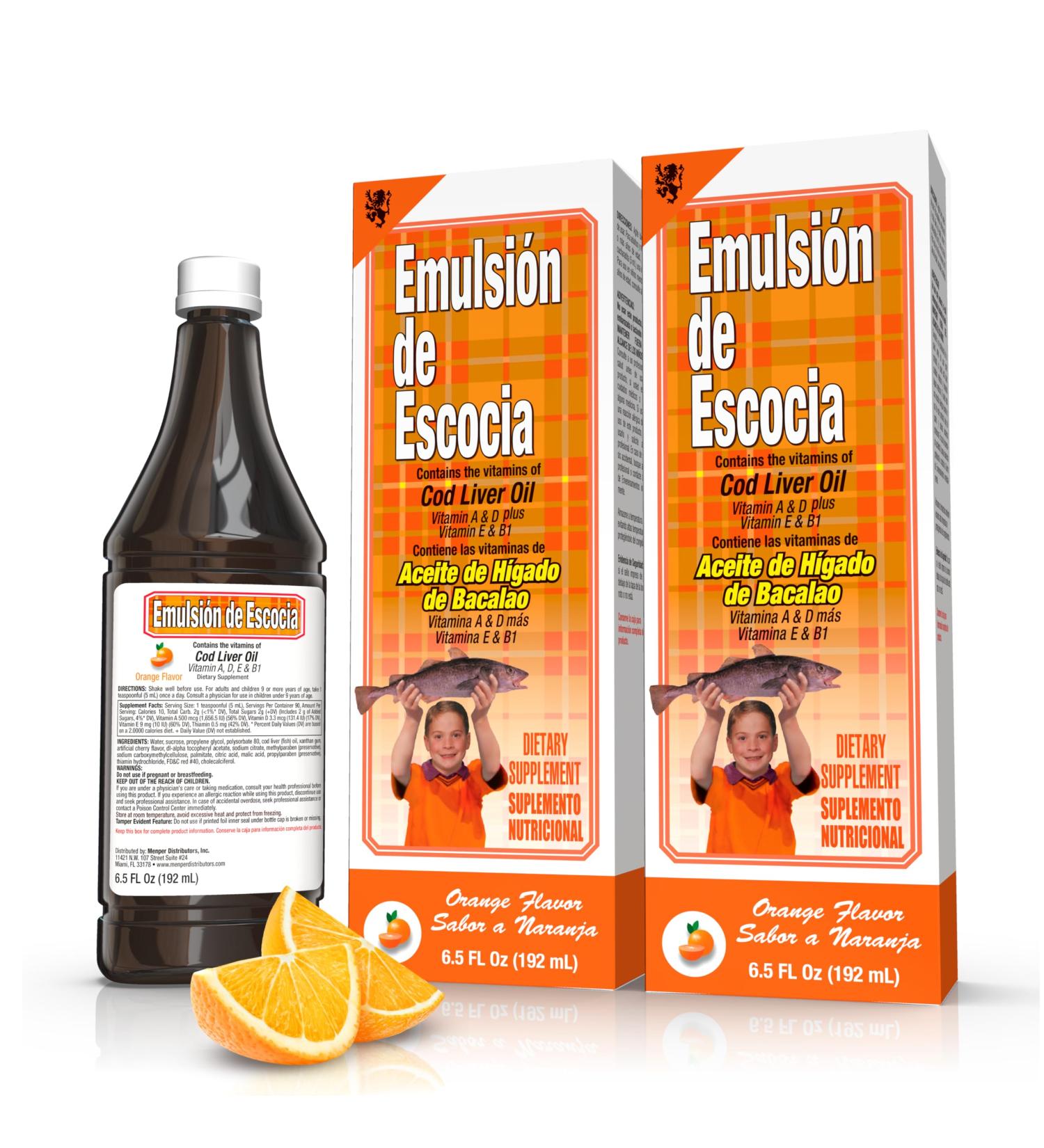Emulsi n de Escocia Cod Liver Oil Complex with Vitamins A, D, E, B1 - Natural Orange Flavor Dietary Supplement for Immune Support & Bone Health - Essential Omega 3 Fish Oil - 6.5 oz (2-Pack) - Buy Online on GoSupps.com