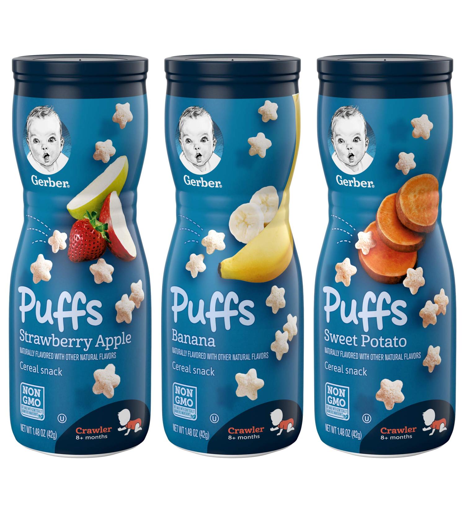 Gerber Puffs Cereal Snack Variety Pack - Strawberry Apple, Banana, Sweet Potato - 1.48 oz Each (Pack of 3) - Buy Online on GoSupps.com