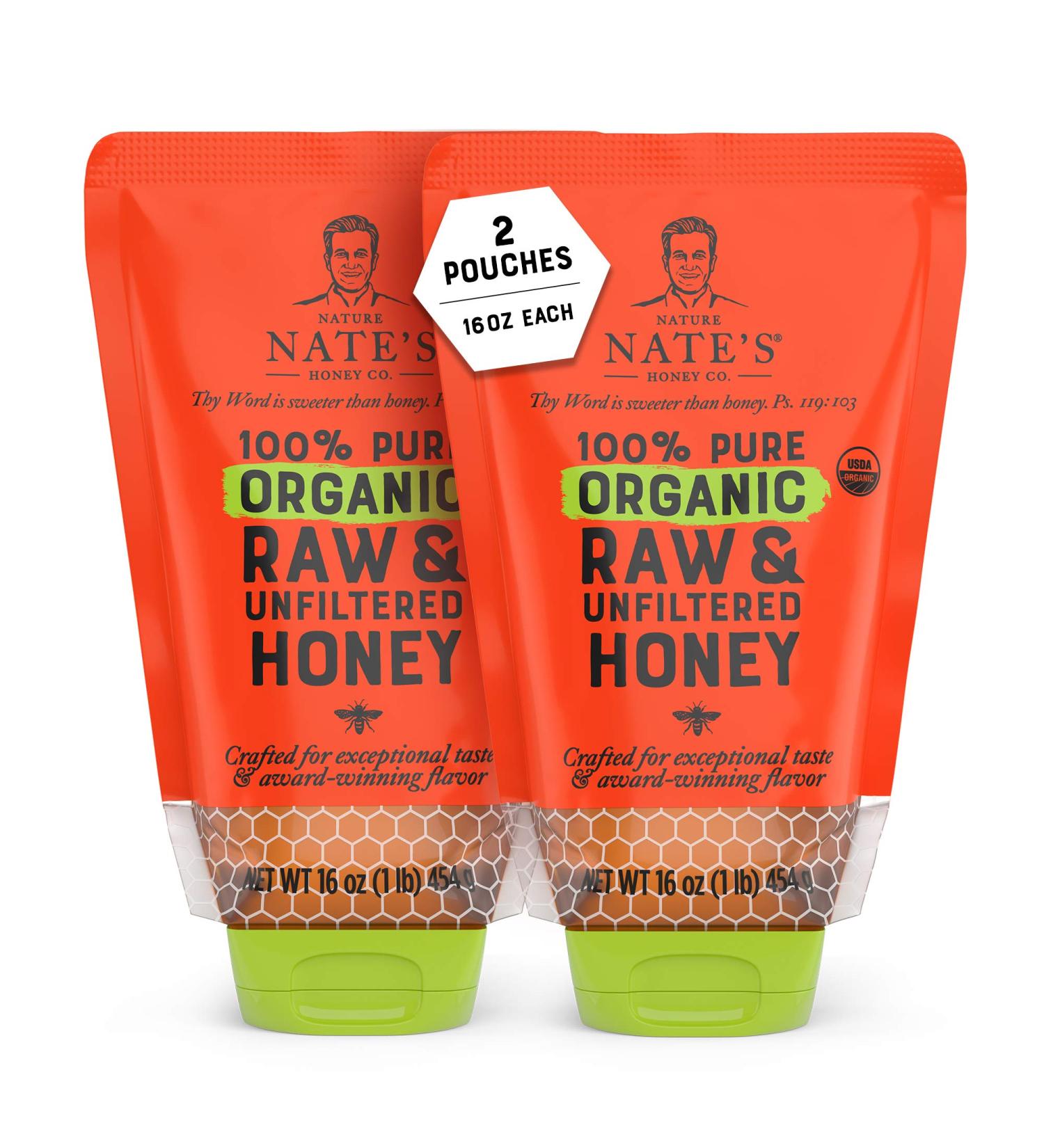 Nature Nate's 100% Pure Organic Raw Honey - 32 oz No-Drip Squeeze Pouches | USDA Certified, No Additives - Buy Online on GoSupps.com
