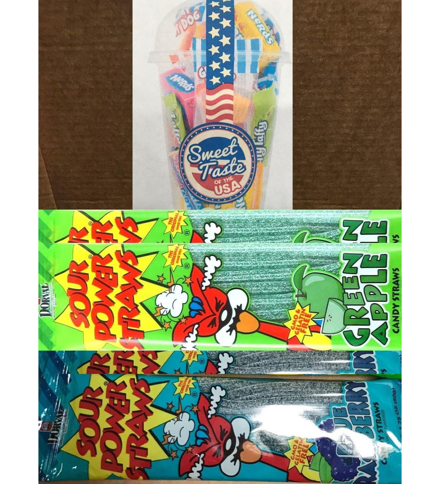 Sour Power Straws Candy Dorval Blue Raspberry Green Apple Flavours (Pack Of 4 Tras 50g) BOX - Buy Online on GoSupps.com